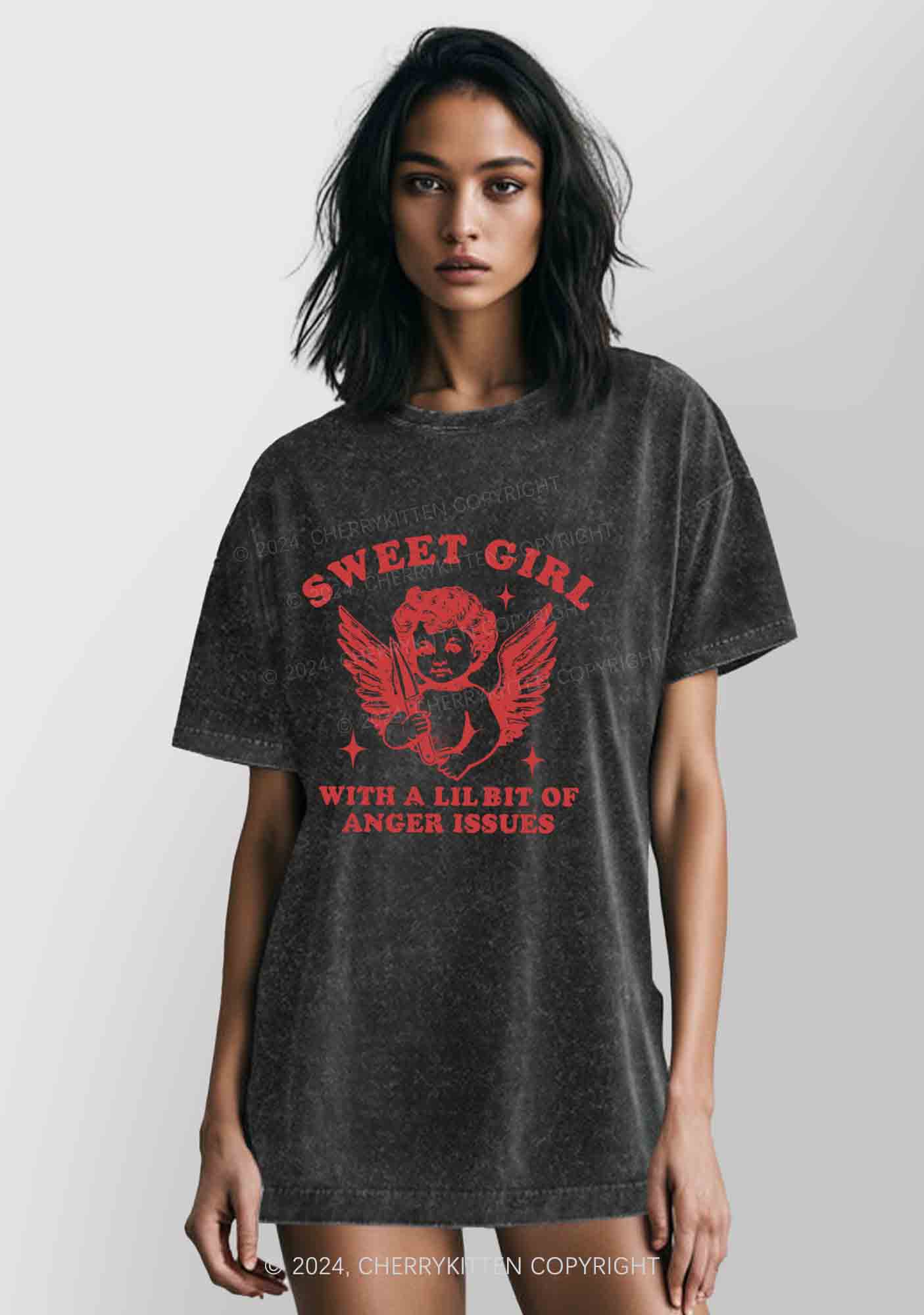Sweet Girl With Anger Issues Y2K Washed Tee Cherrykitten - Image 2