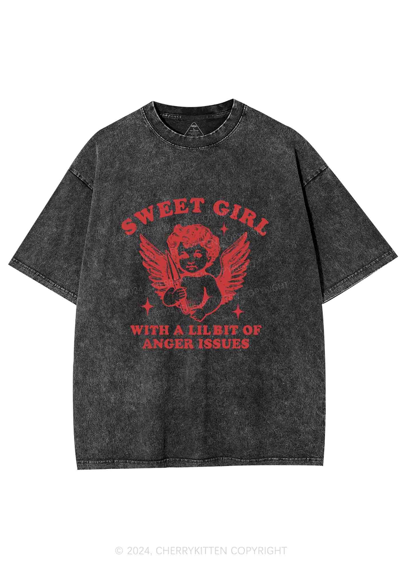 Sweet Girl With Anger Issues Y2K Washed Tee Cherrykitten - Image 3