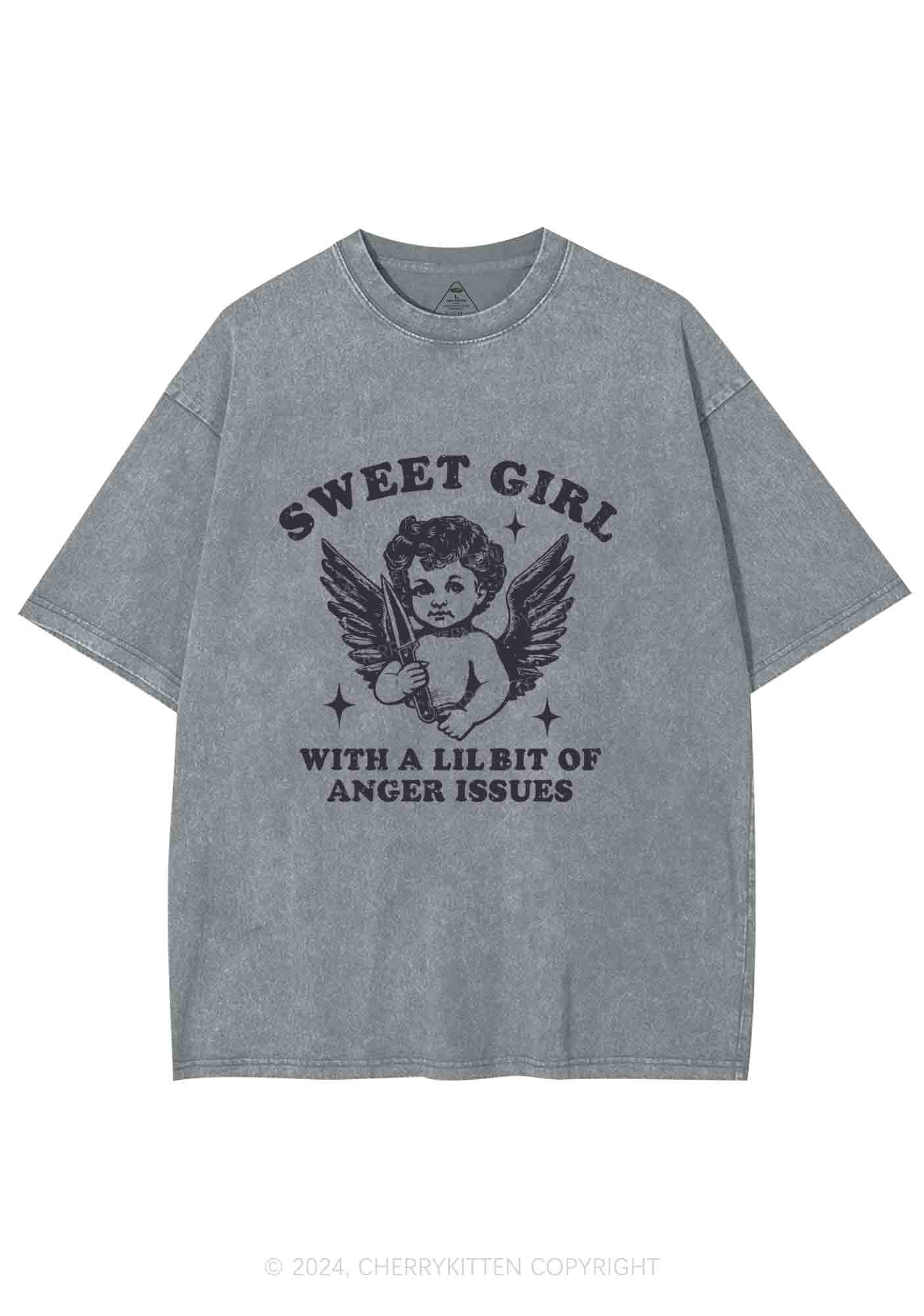 Sweet Girl With Anger Issues Y2K Washed Tee Cherrykitten - Image 6
