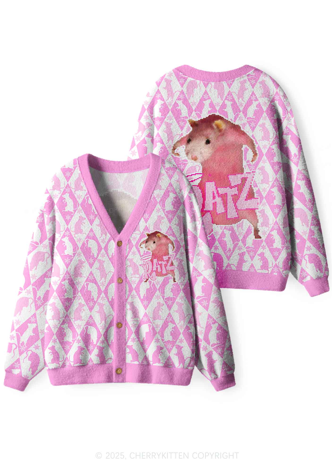 Sweet Pink Ratz Y2K Christmas Cardigan Knit Sweatshirt Cherrykitten - Image 3