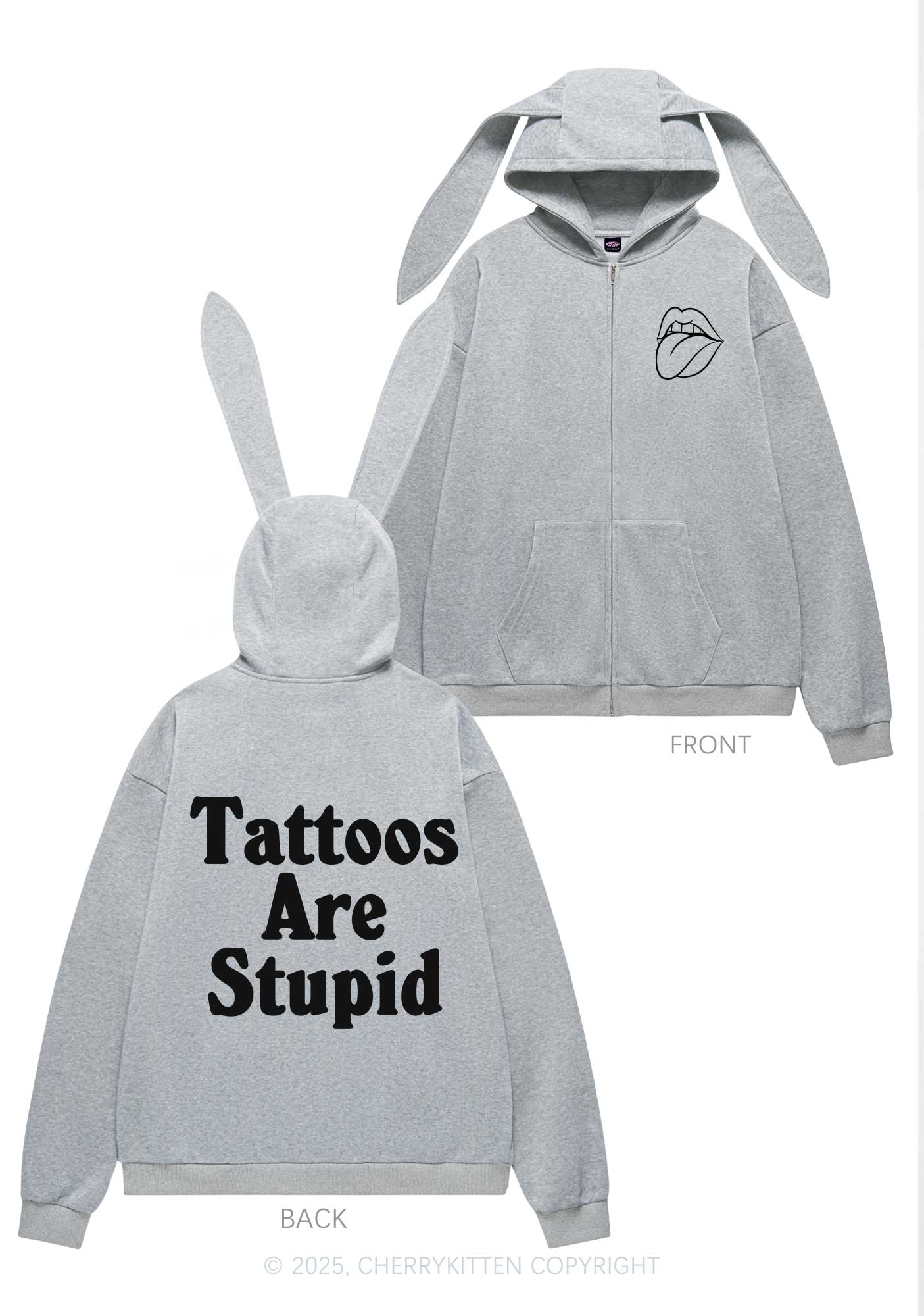 Tattoos Are Stupid Y2K Bunny Ear Zip Hoodie Cherrykitten - Image 5