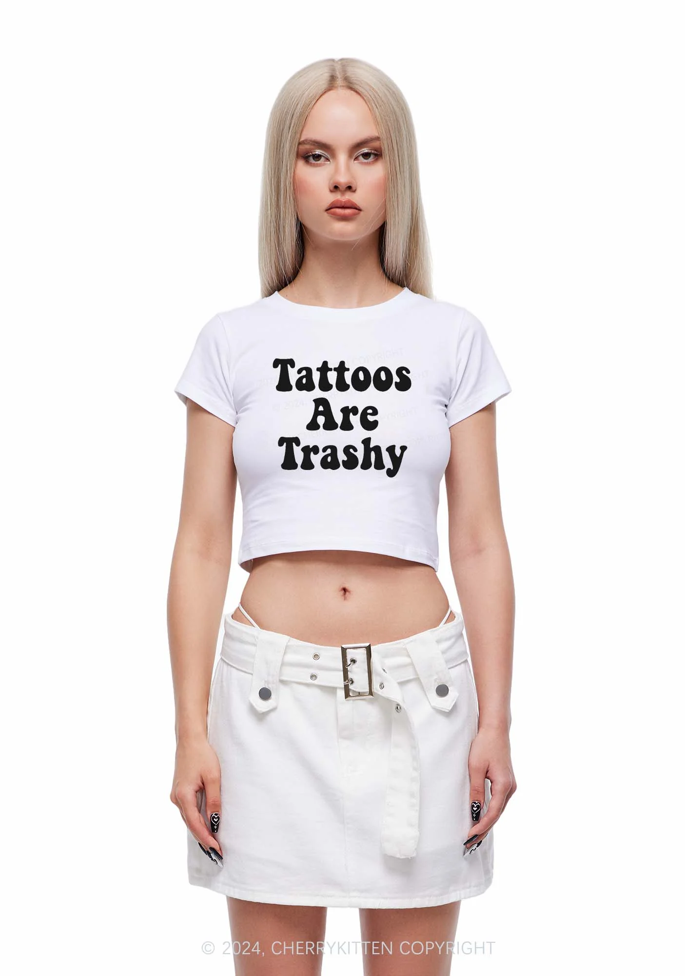 Tattoos Are Trashy Y2K Baby Tee Cherrykitten - Image 4