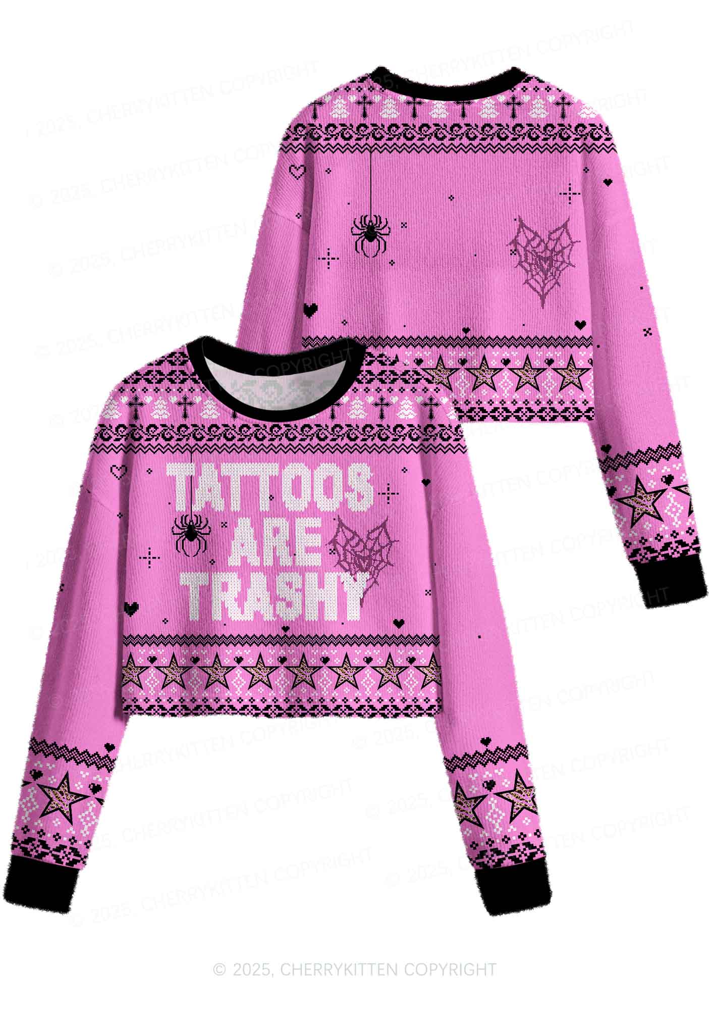 Tattoos Are Trashy Y2K Christmas Crop Knit Sweatshirt Cherrykitten - Image 3
