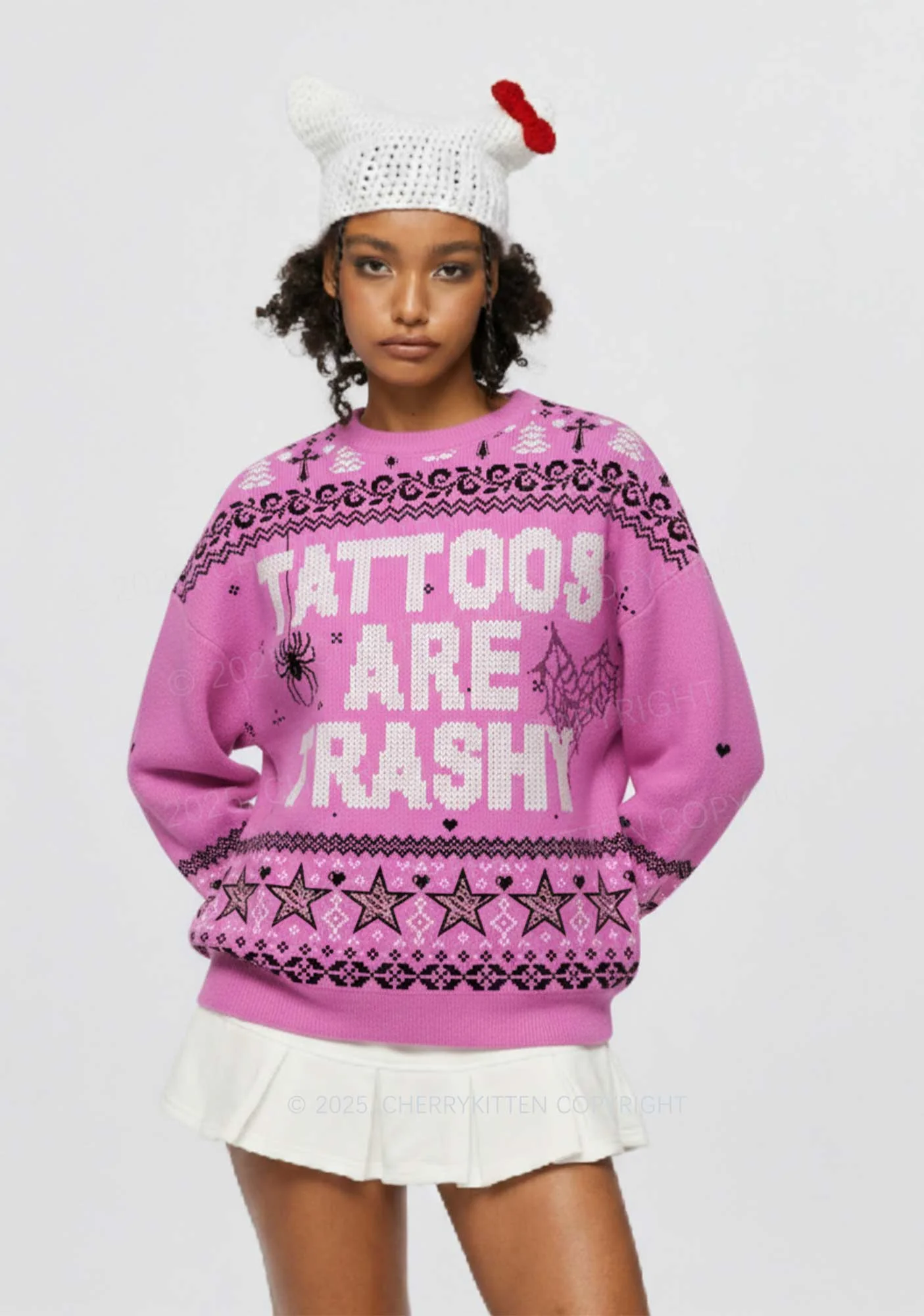 Tattoos Are Trashy Y2K Christmas Knit Sweatshirt Cherrykitten - Image 2