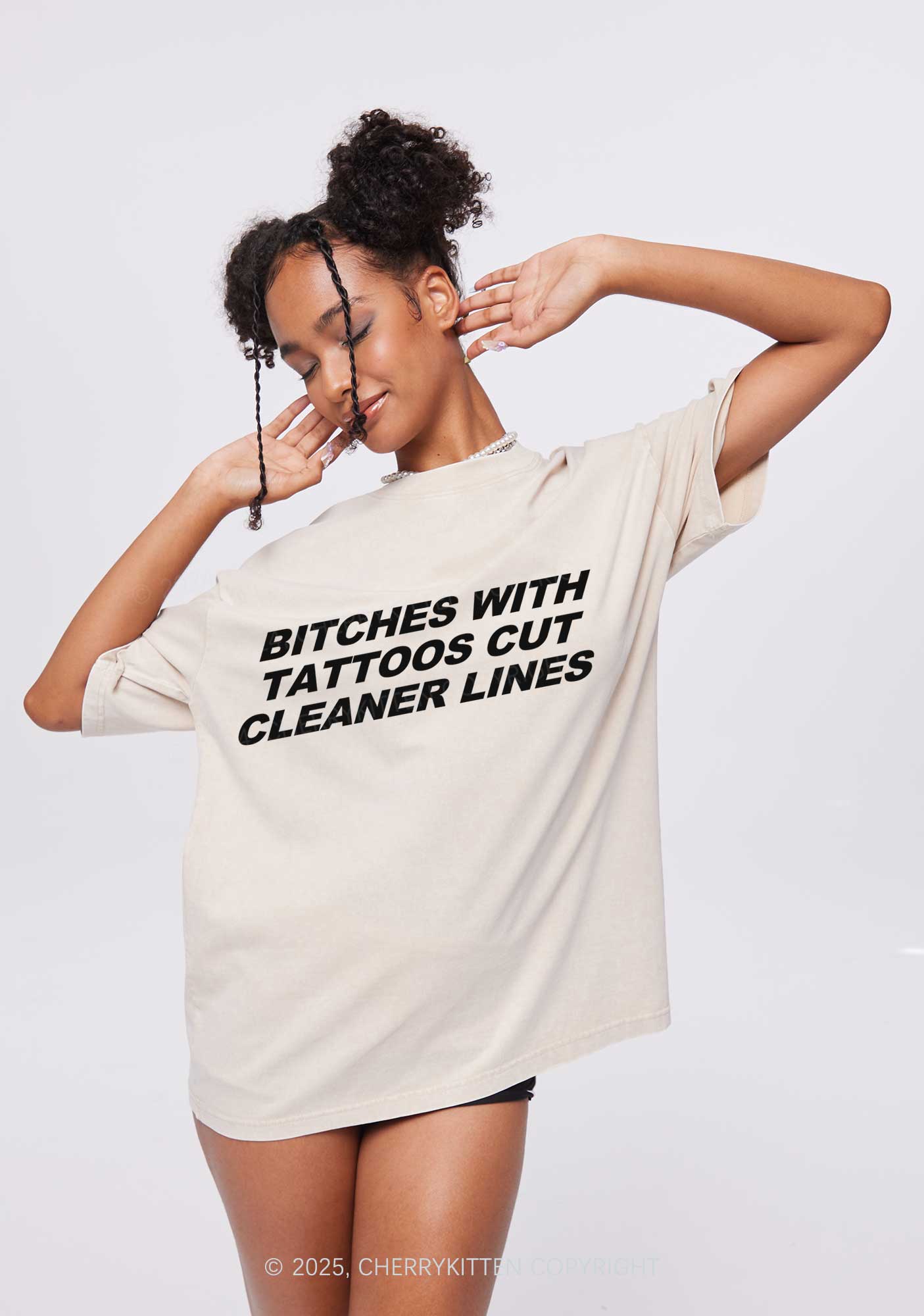 Tattoos Bitches Cut Cleaner Lines Y2K Shirts Washed Tee Cherrykitten - Image 2