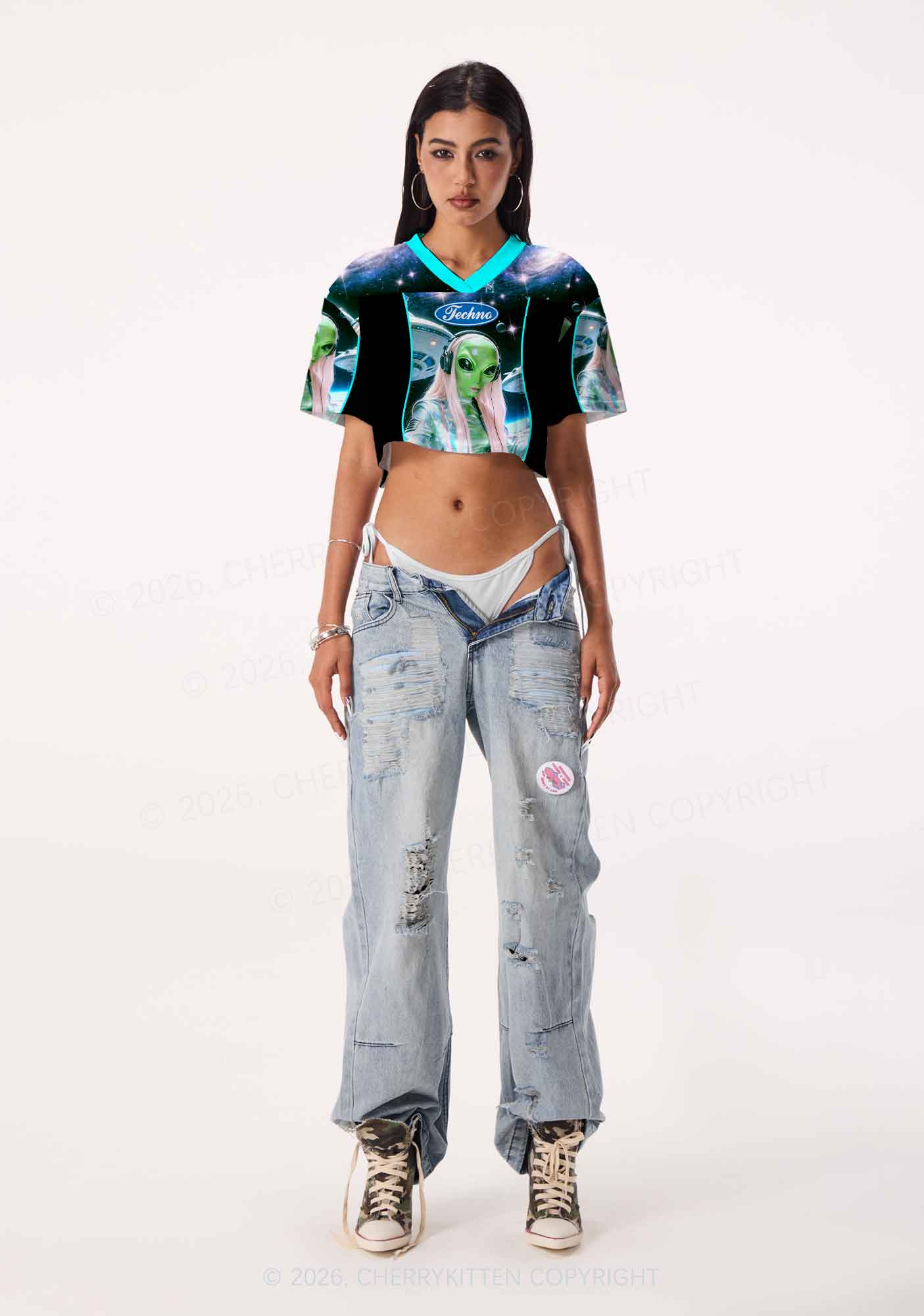 Techno Alien DJ Y2K Crop Sport Jersey Shirts Cherrykitten - Image 2