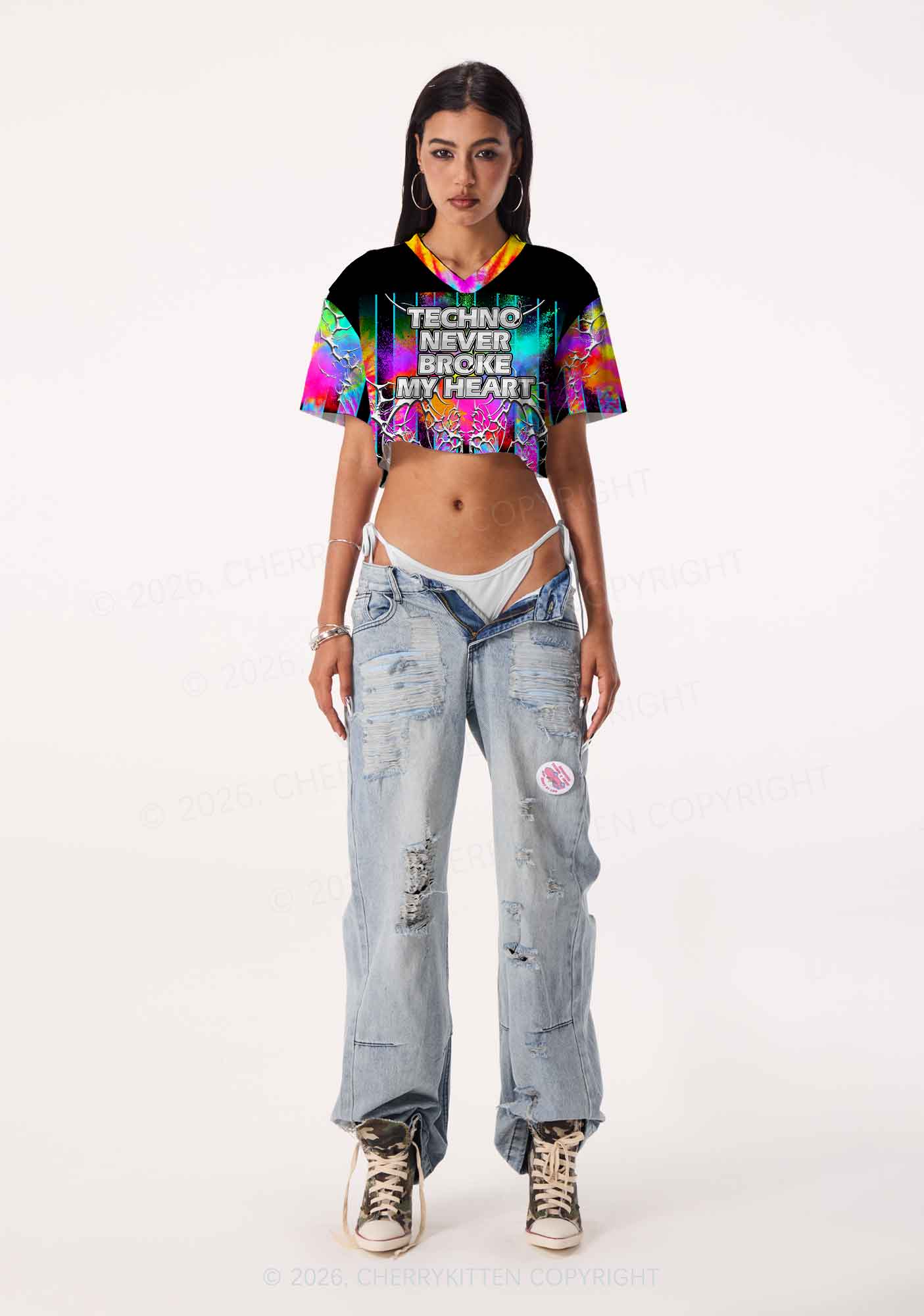 Techno Never Broke My Heart Y2K Crop Sport Jersey Shirts Cherrykitten - Image 2