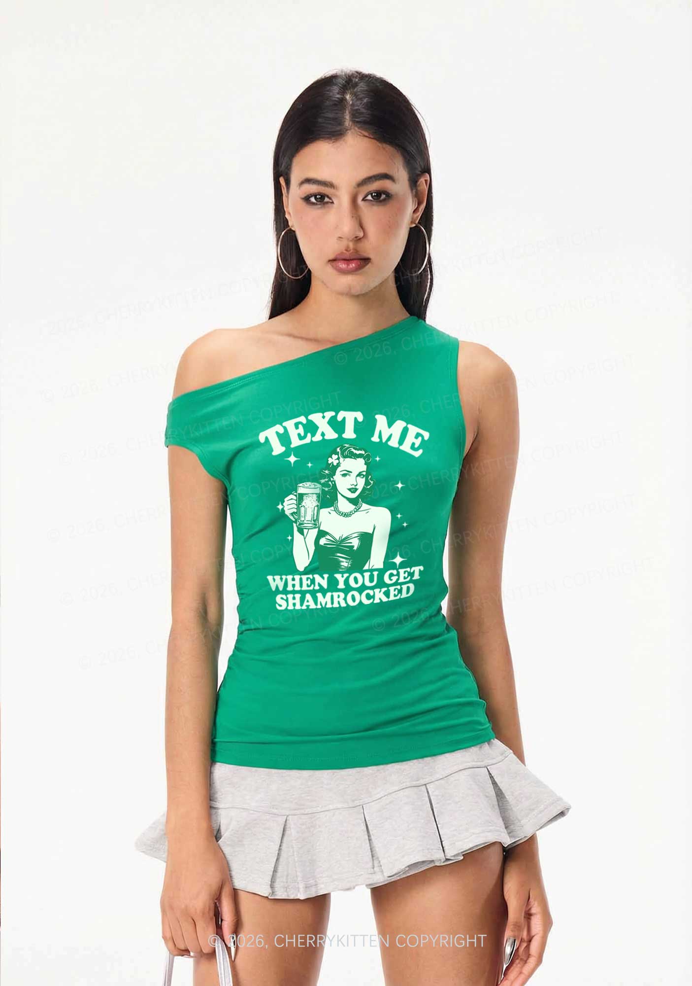 Text Me When You Get Shamrocked St Patricks Y2K Off Shoulder Tank Top Cherrykitten - Image 2