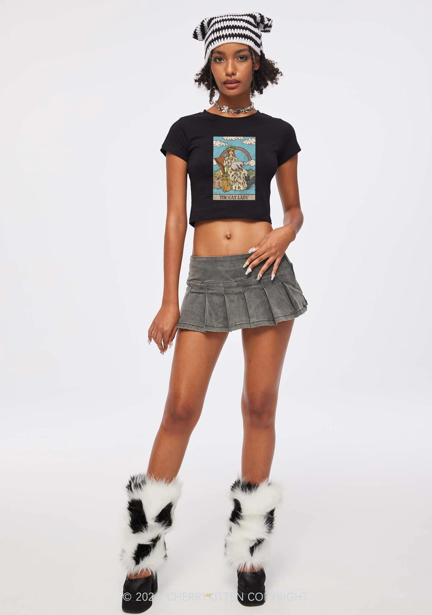 The Cat Lady Y2K Baby Tee Cherrykitten - Image 3