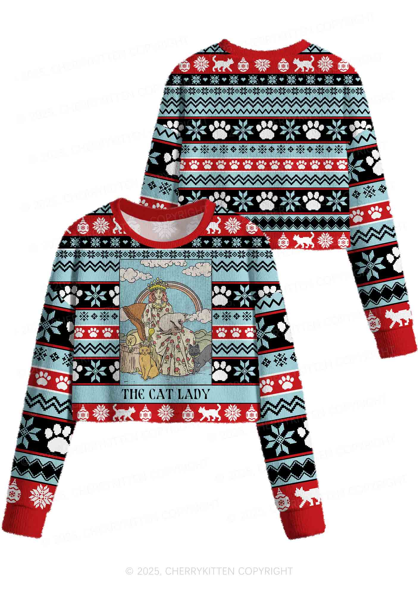 The Cat Lady Y2K Christmas Crop Knit Sweatshirt Cherrykitten - Image 3