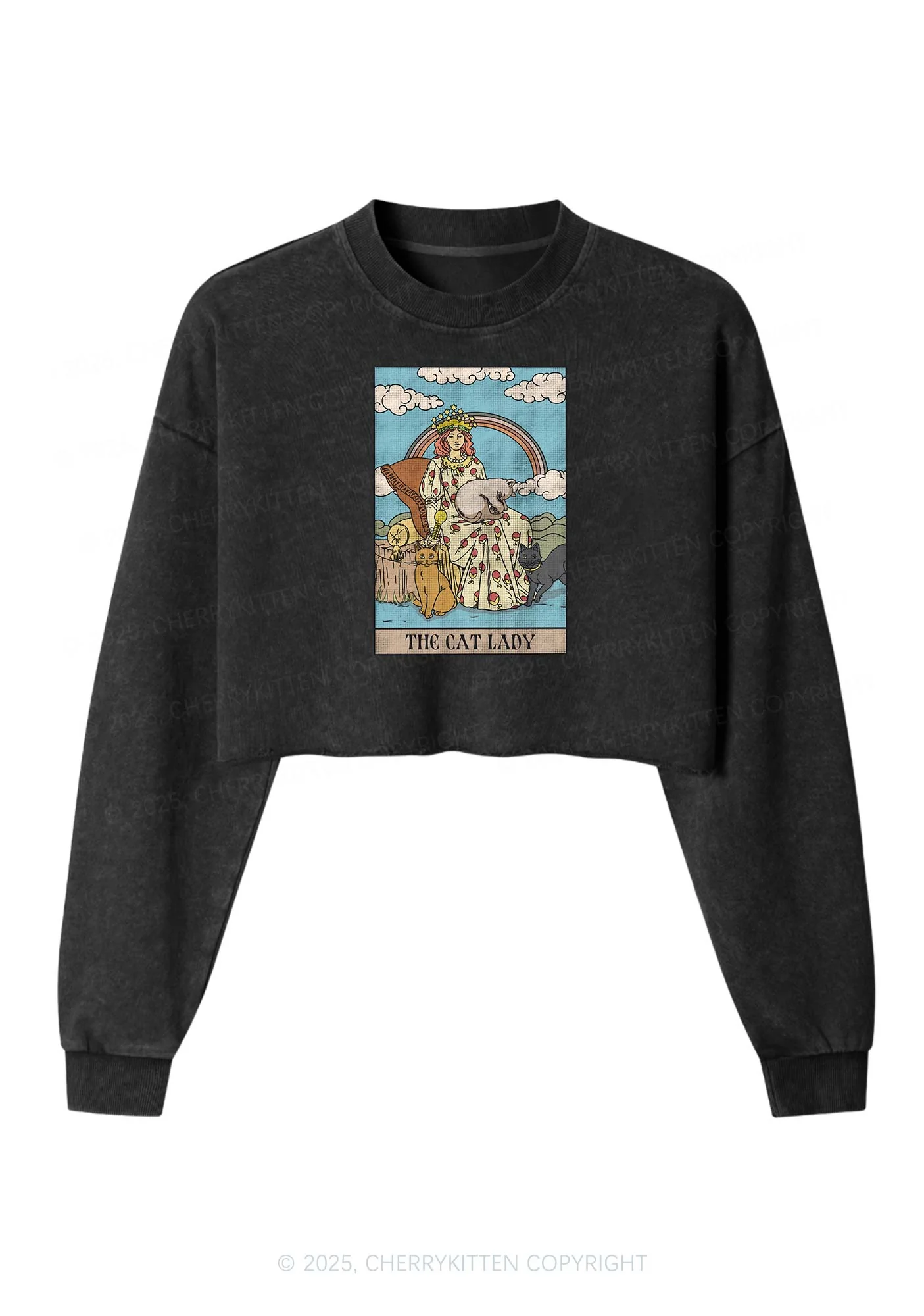 The Cat Lady Y2K Crop Washed Sweatshirts Cherrykitten - Image 3