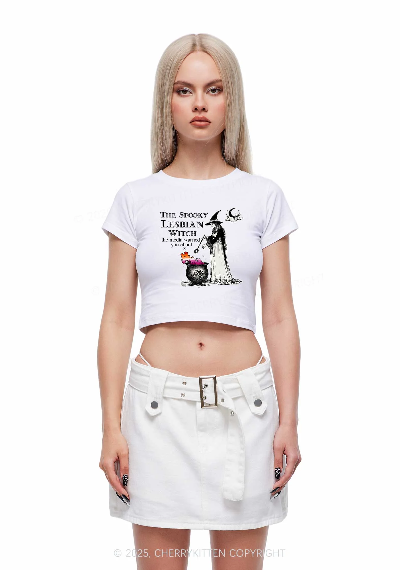 The Spooky Lesbian Witch Y2K Baby Tee Cherrykitten - Image 2