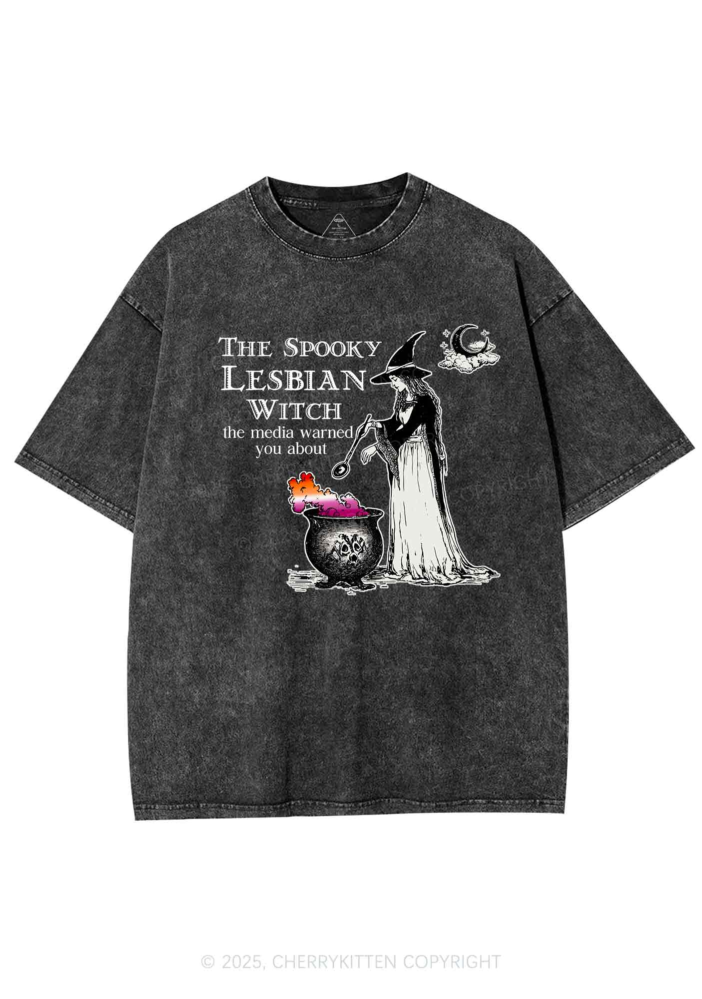 The Spooky Lesbian Witch Y2K Shirts Washed Tee Cherrykitten - Image 3