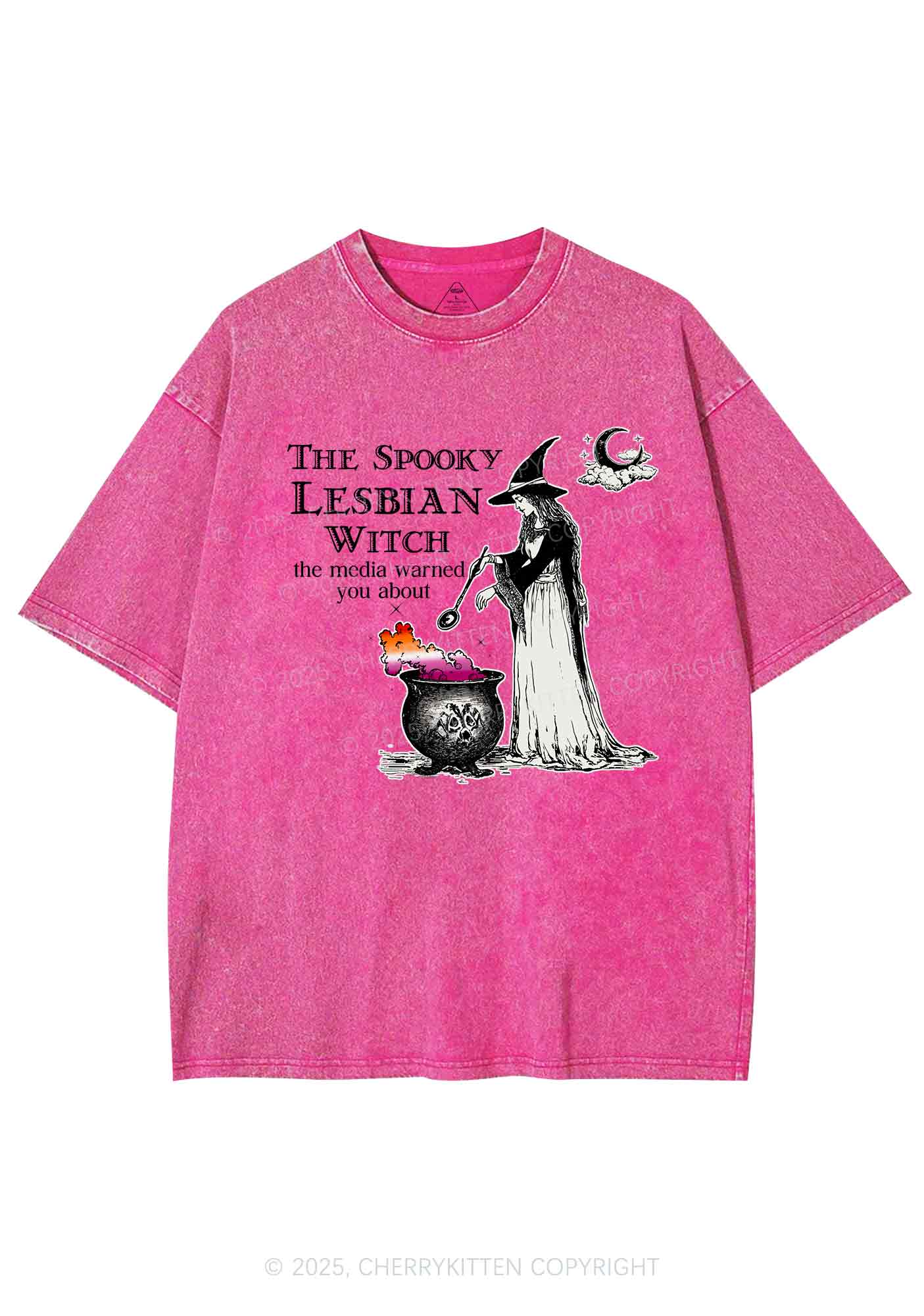 The Spooky Lesbian Witch Y2K Shirts Washed Tee Cherrykitten - Image 4