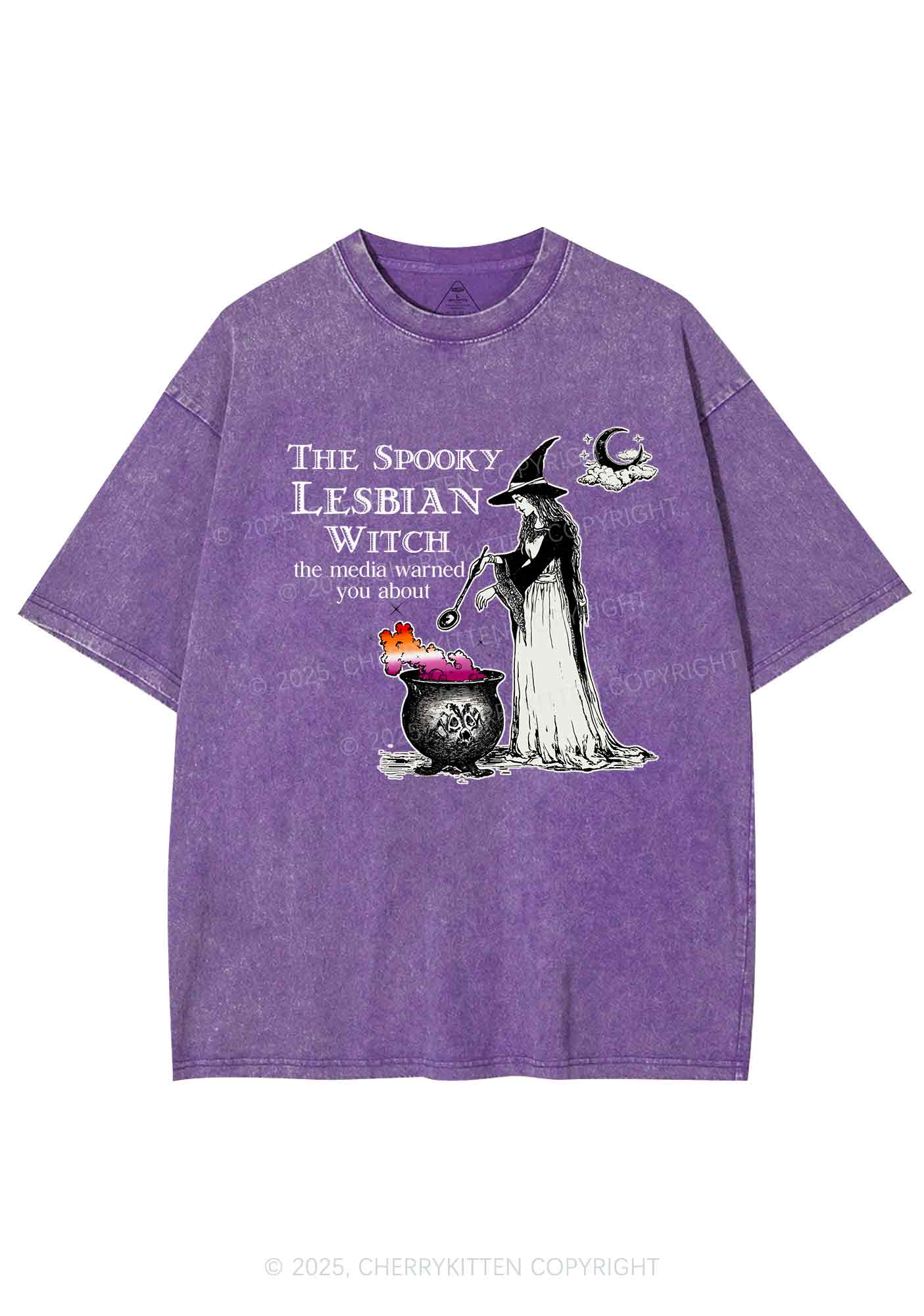 The Spooky Lesbian Witch Y2K Shirts Washed Tee Cherrykitten - Image 5