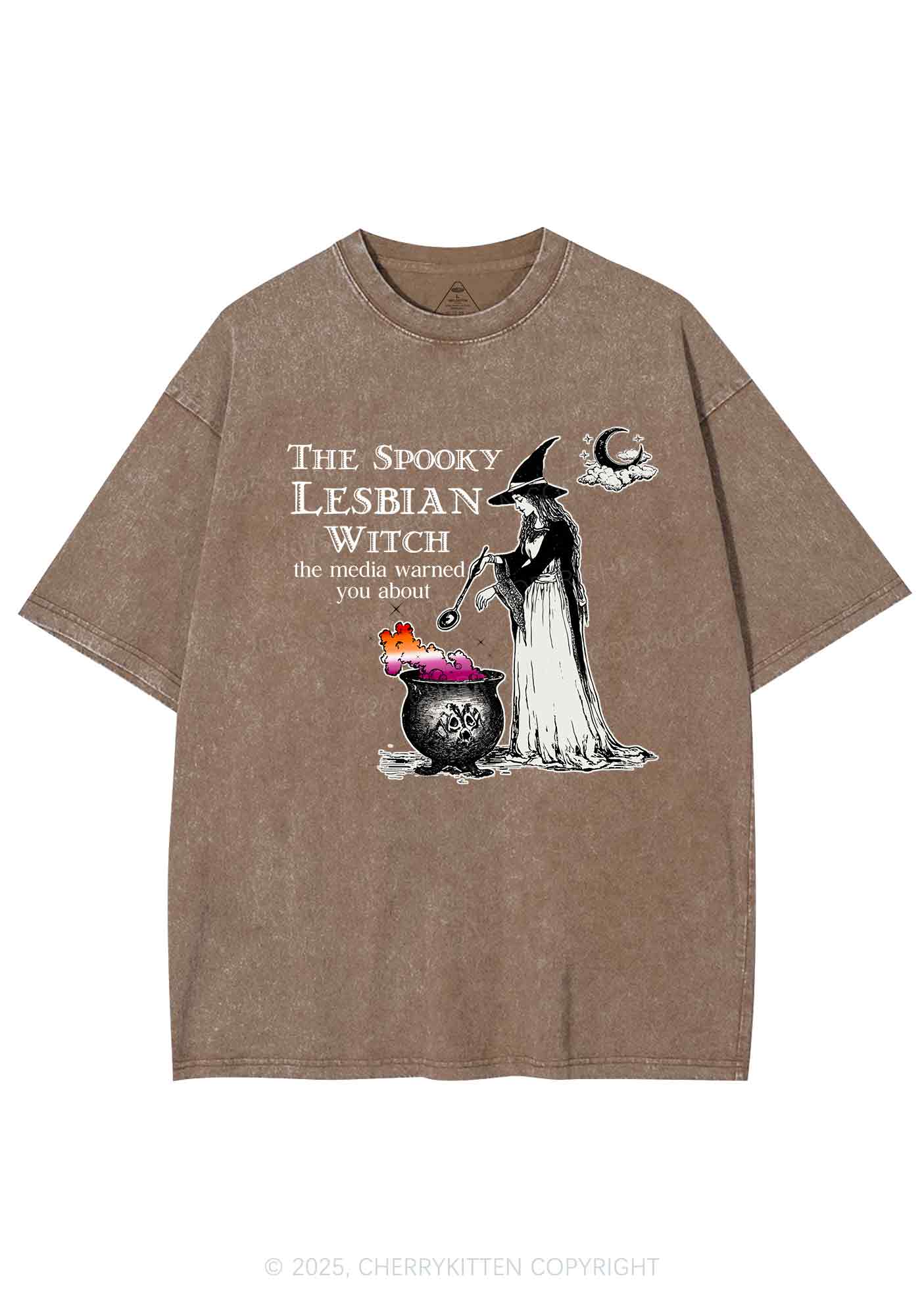 The Spooky Lesbian Witch Y2K Shirts Washed Tee Cherrykitten - Image 6