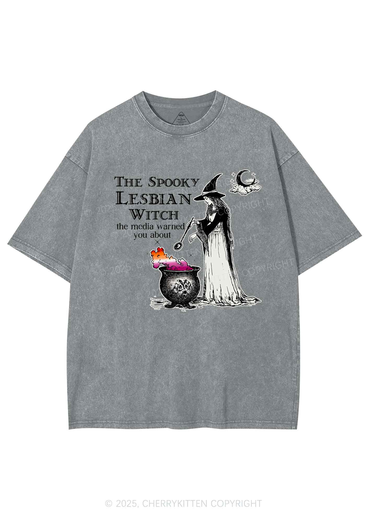 The Spooky Lesbian Witch Y2K Shirts Washed Tee Cherrykitten - Image 7