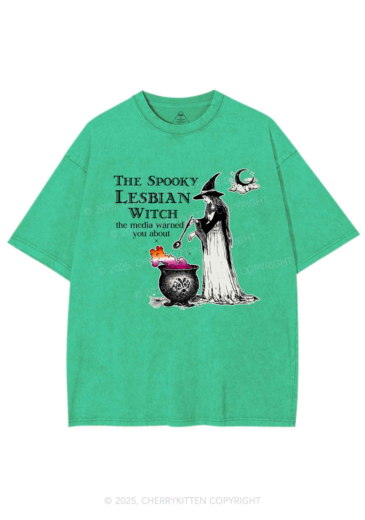 The Spooky Lesbian Witch Y2K Shirts Washed Tee Cherrykitten - Image 8