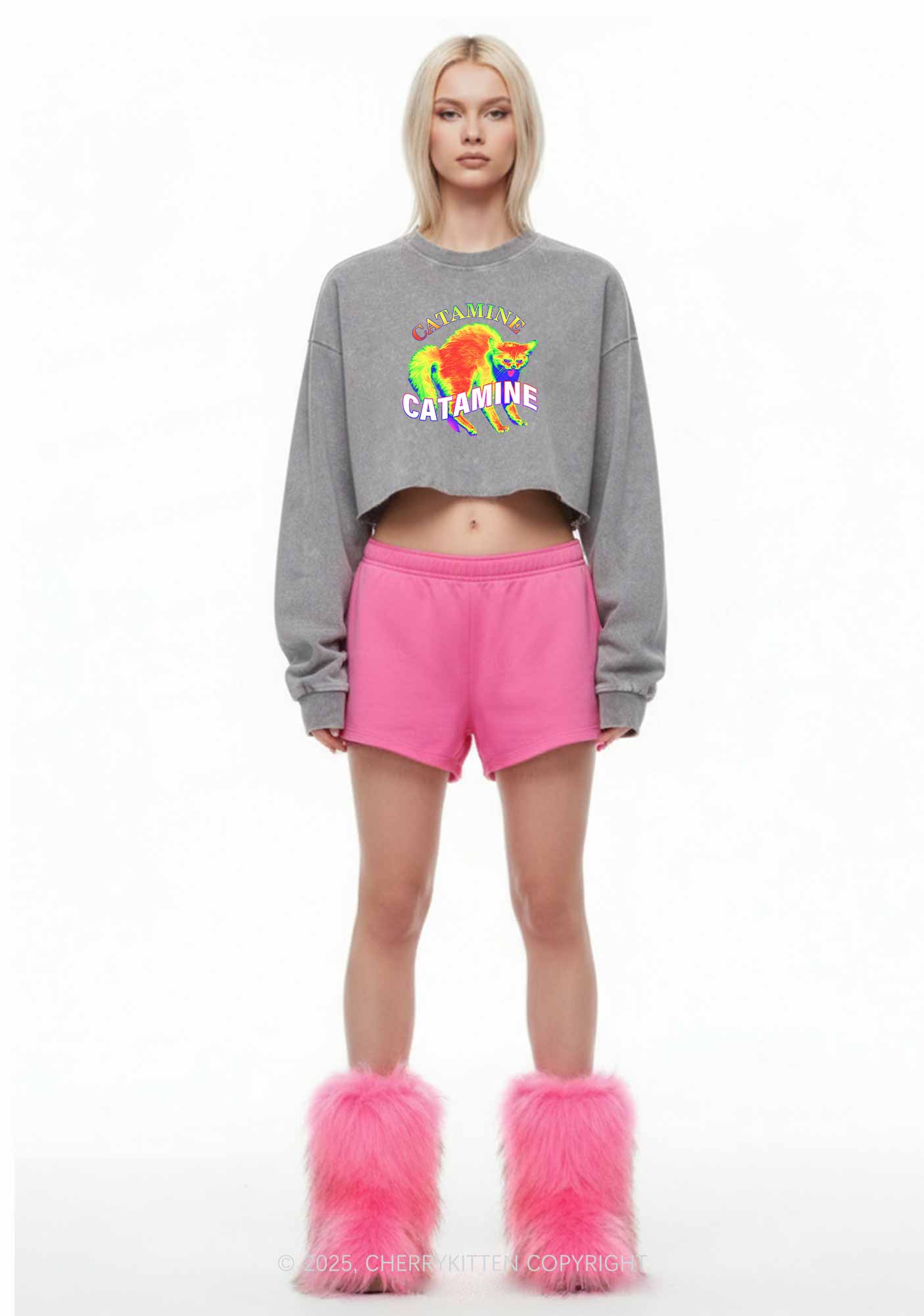 Thermal Cat Y2K Crop Washed Sweatshirts Cherrykitten - Image 2