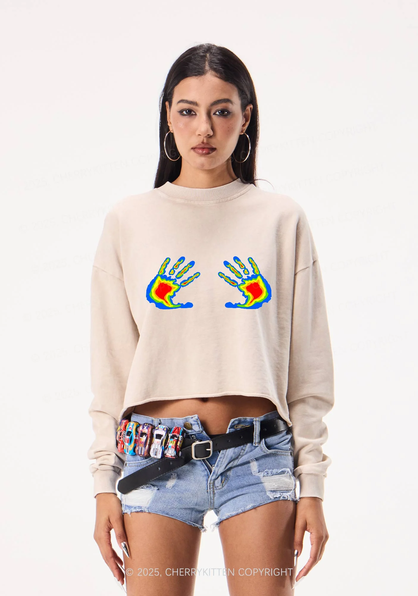 Thermal Hands Y2K Crop Washed Sweatshirts Cherrykitten - Image 2
