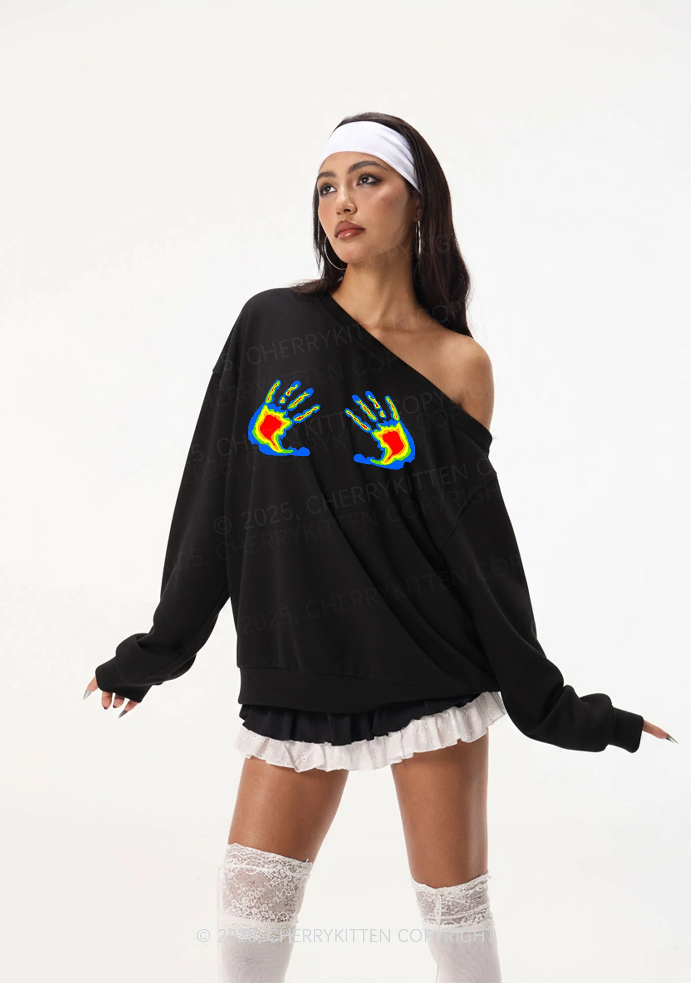 Thermal Hands Y2K Off Shoulder Sweatshirts Cherrykitten - Image 2