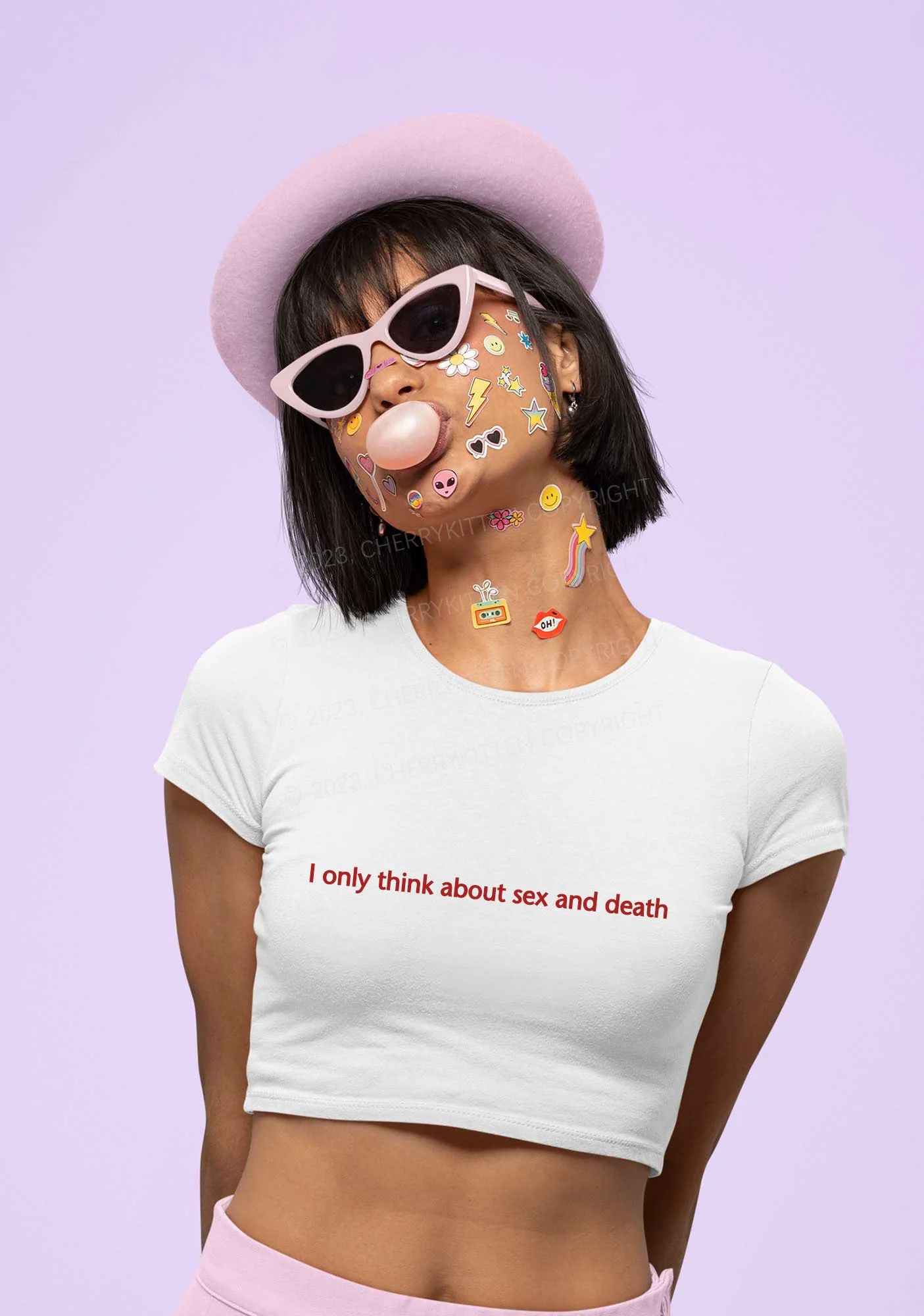 Think About Death Y2K Baby Tee Cherrykitten - Image 2