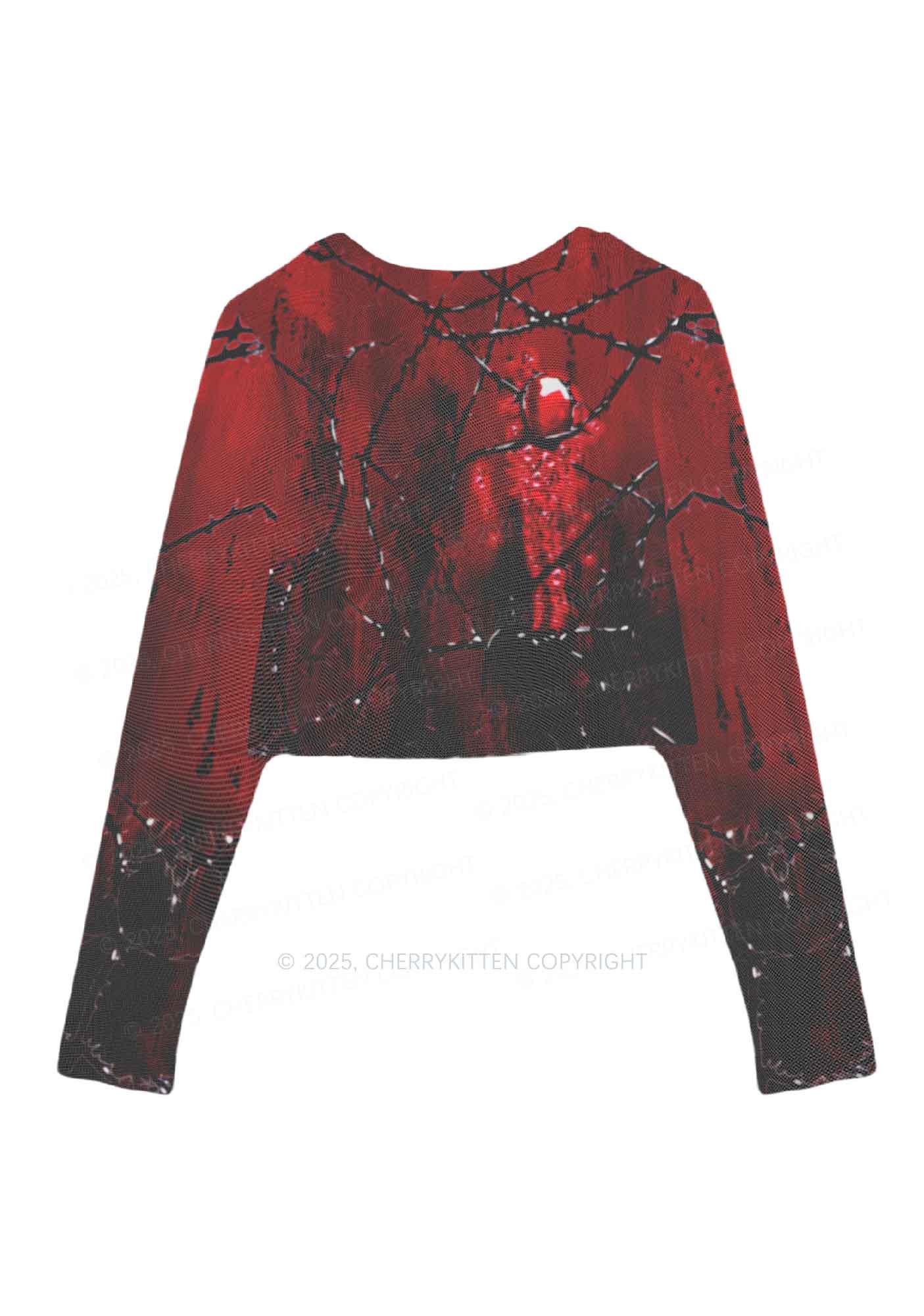 Thorned Ruby Y2K Mesh Long Sleeve Crop Top Cherrykitten - Image 3