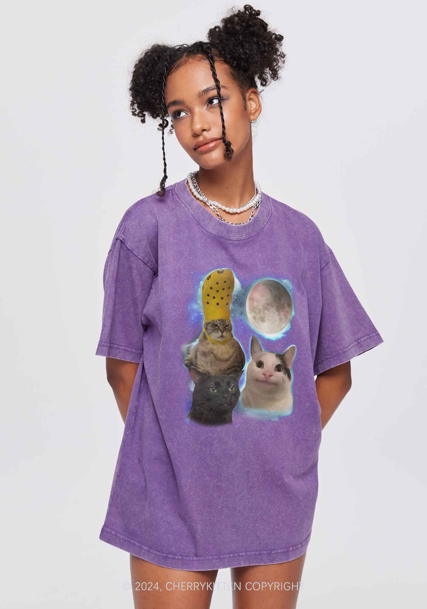 Three Cats Moon Y2K Washed Tee Cherrykitten - Image 2