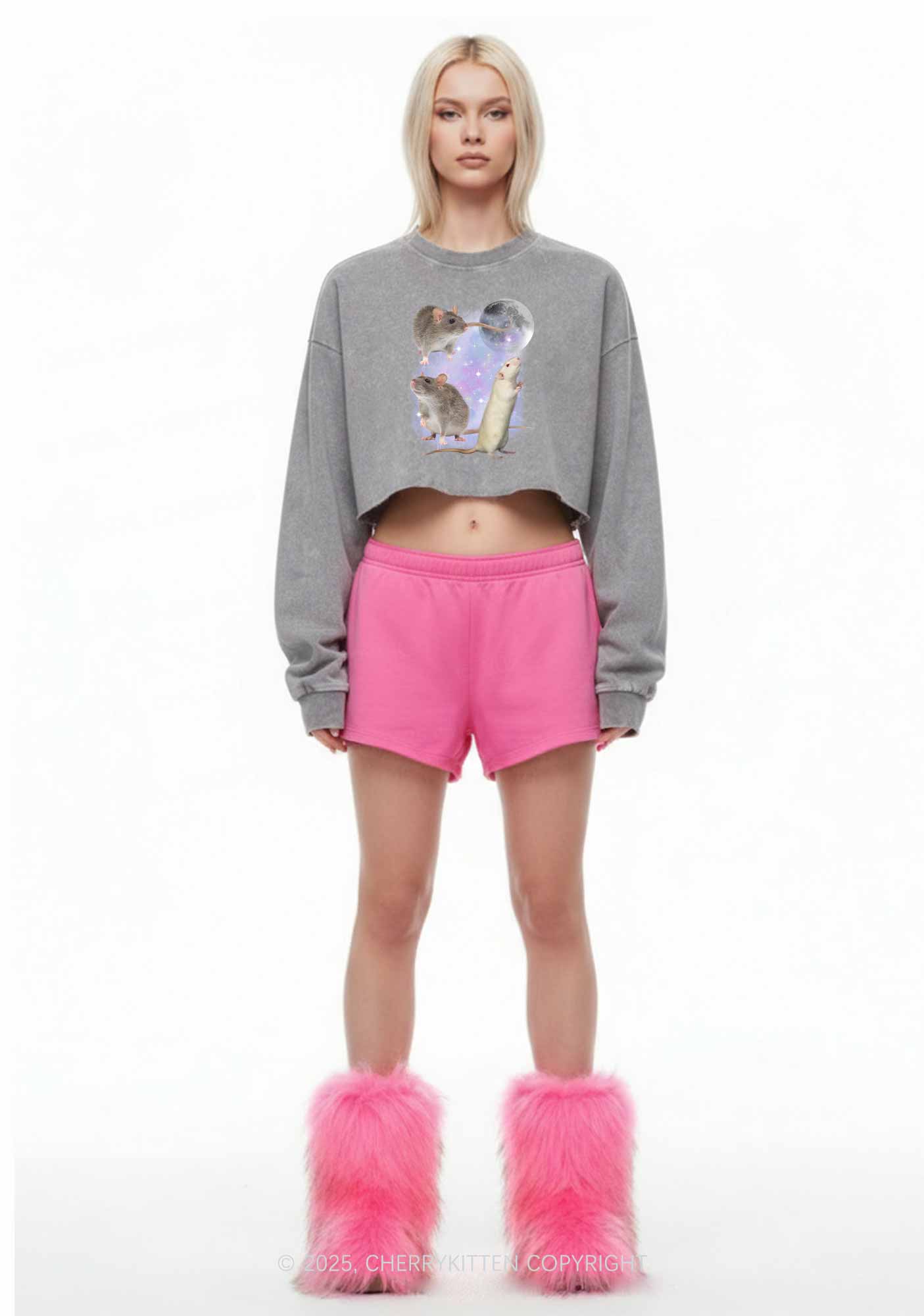 Three Rats Moon Y2K Crop Washed Sweatshirts Cherrykitten - Image 2