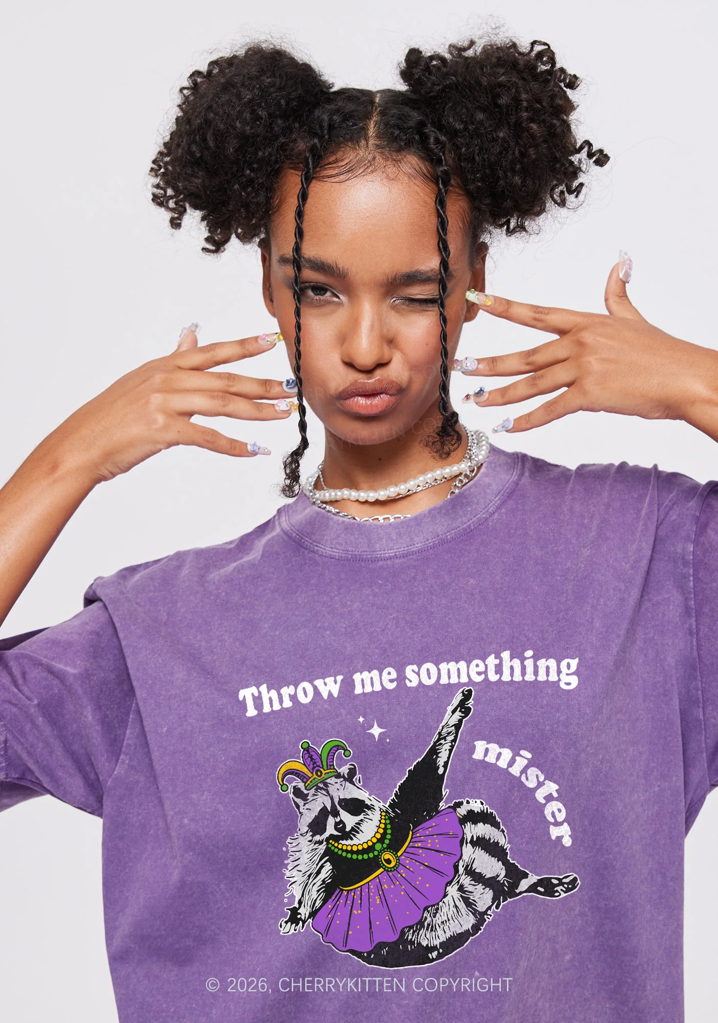 Throw Me Something Mister Raccoon Y2K Shirts Washed Tee Cherrykitten - Image 2