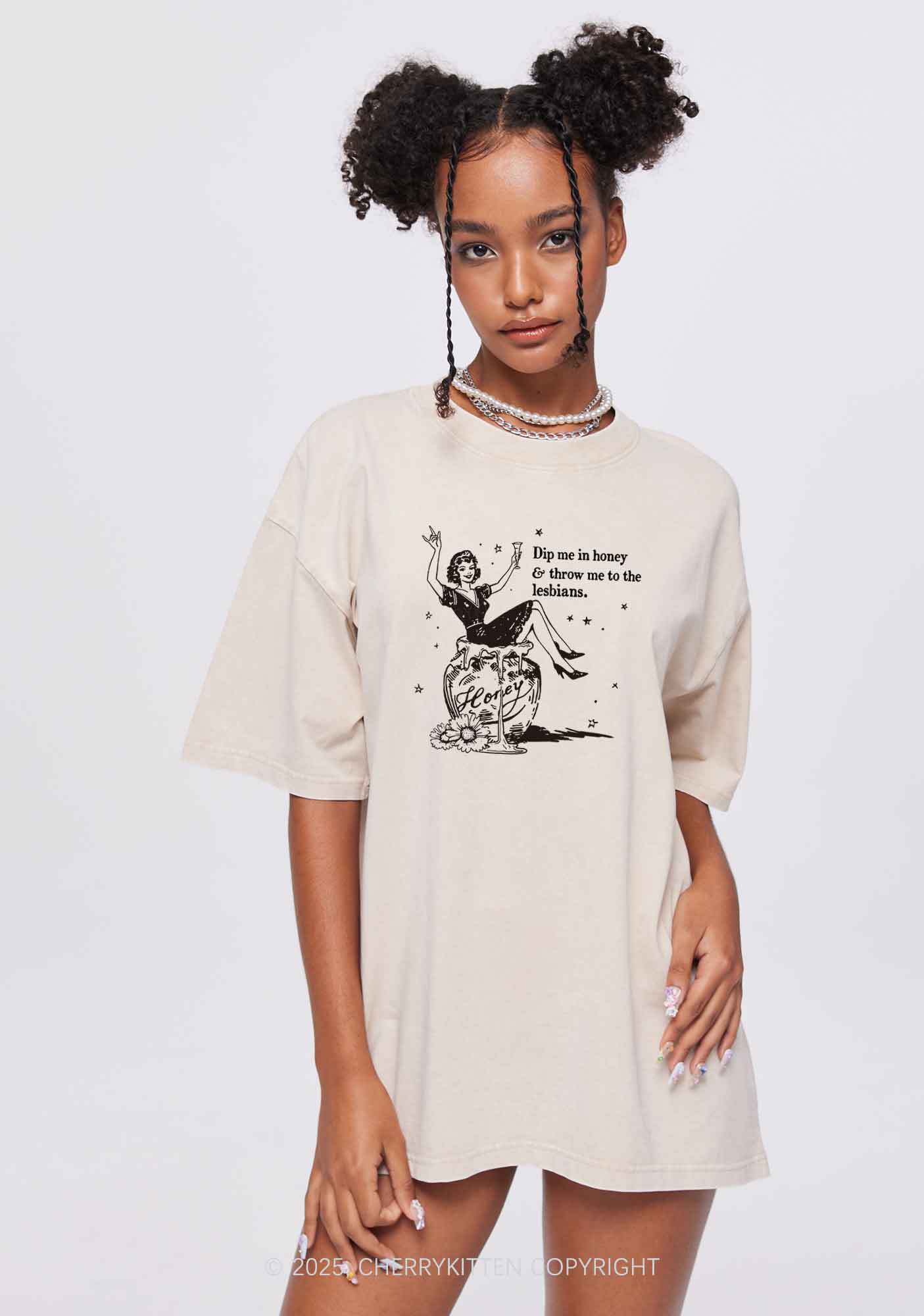 Throw Me To The Lesbians Pride Y2K Shirts Washed Tee Cherrykitten - Image 2