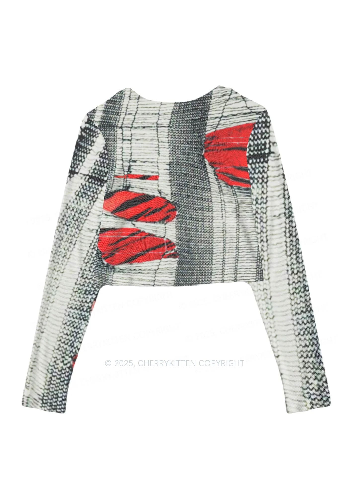 Tiger Striped Red Block Y2K Mesh Long Sleeve Crop Top Cherrykitten - Image 3