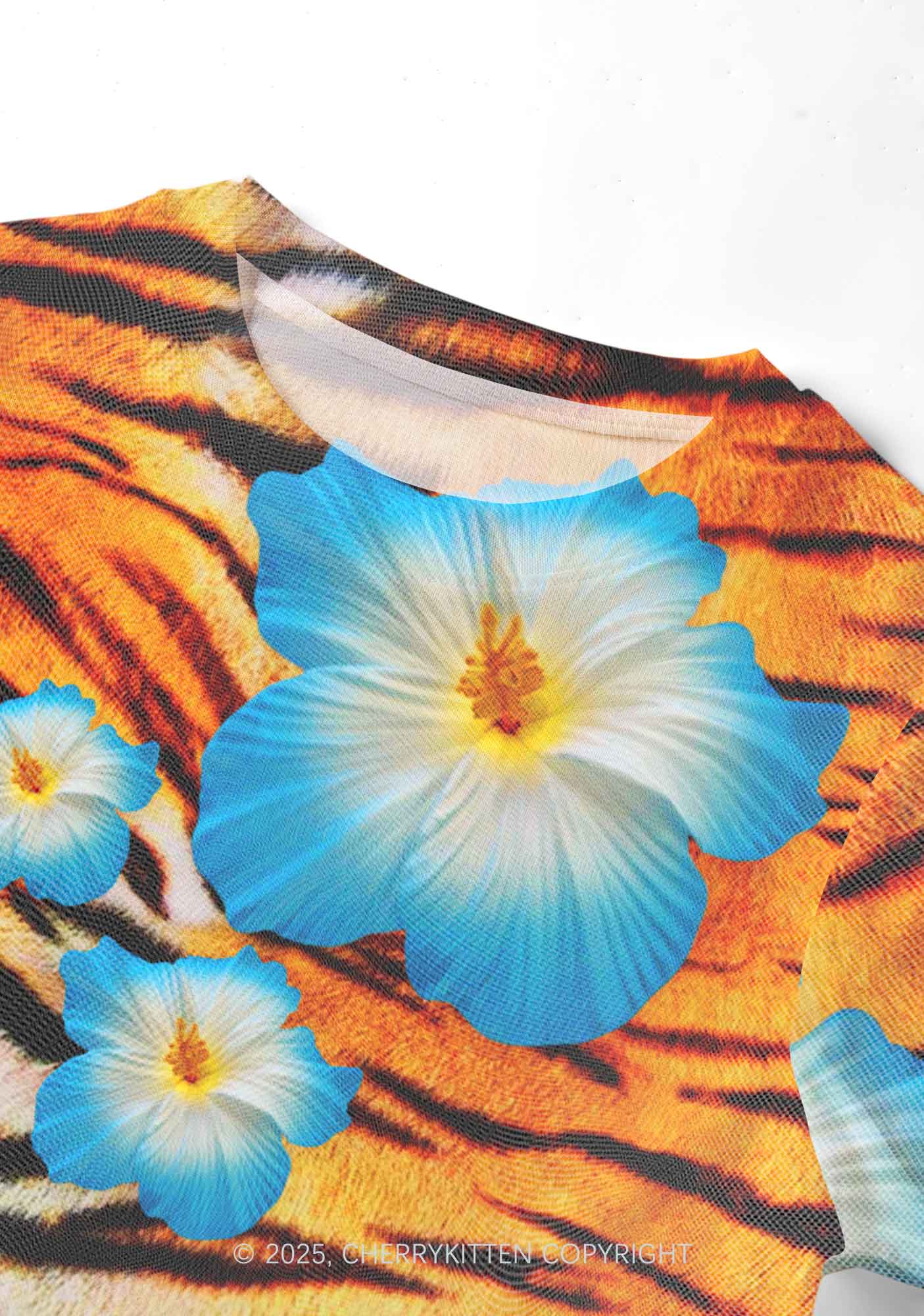 Tiger With Flowers Y2K Mesh Crop Top Cherrykitten - Image 3