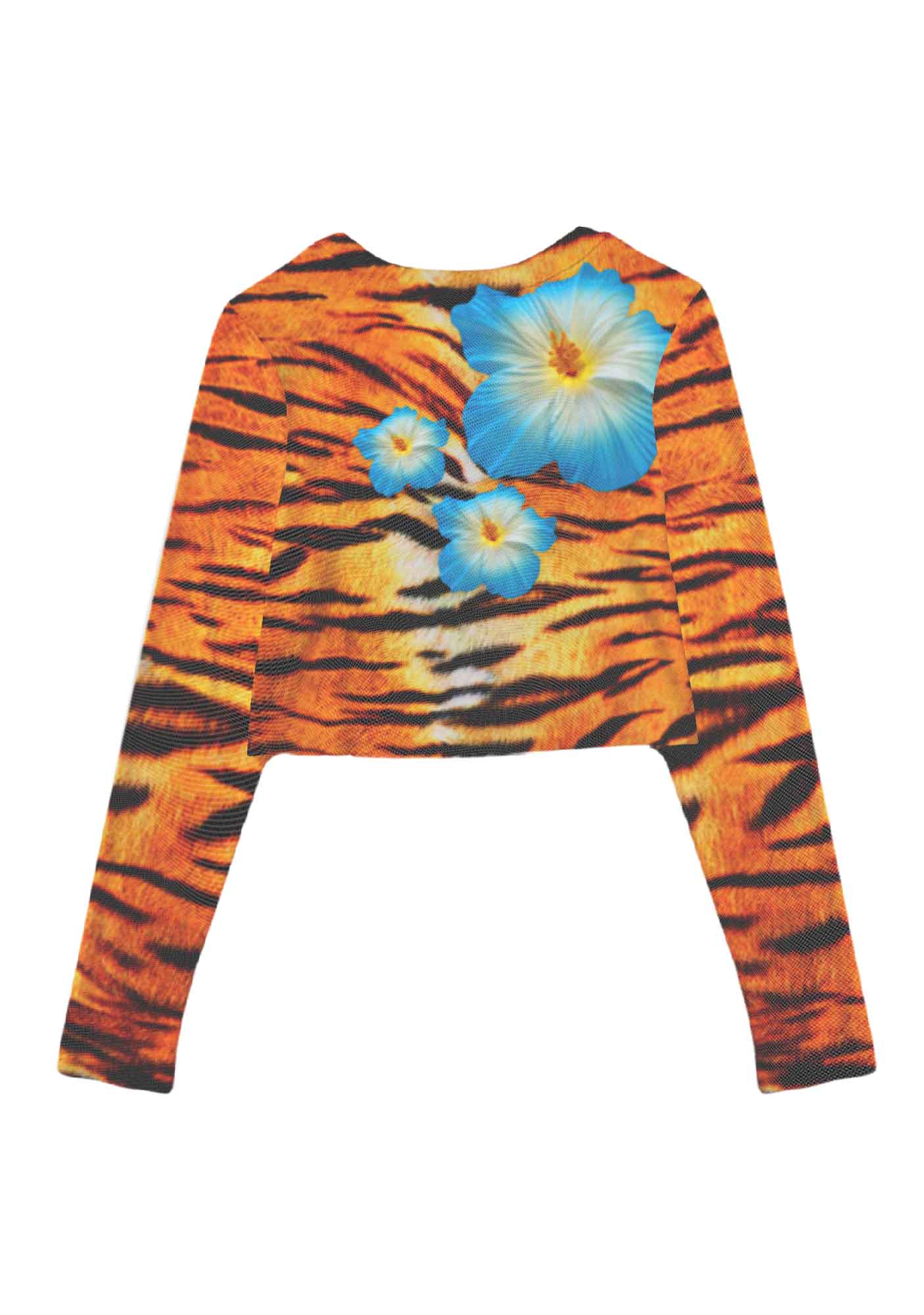 Tiger With Flowers Y2K Mesh Long Sleeve Crop Top Cherrykitten - Image 3