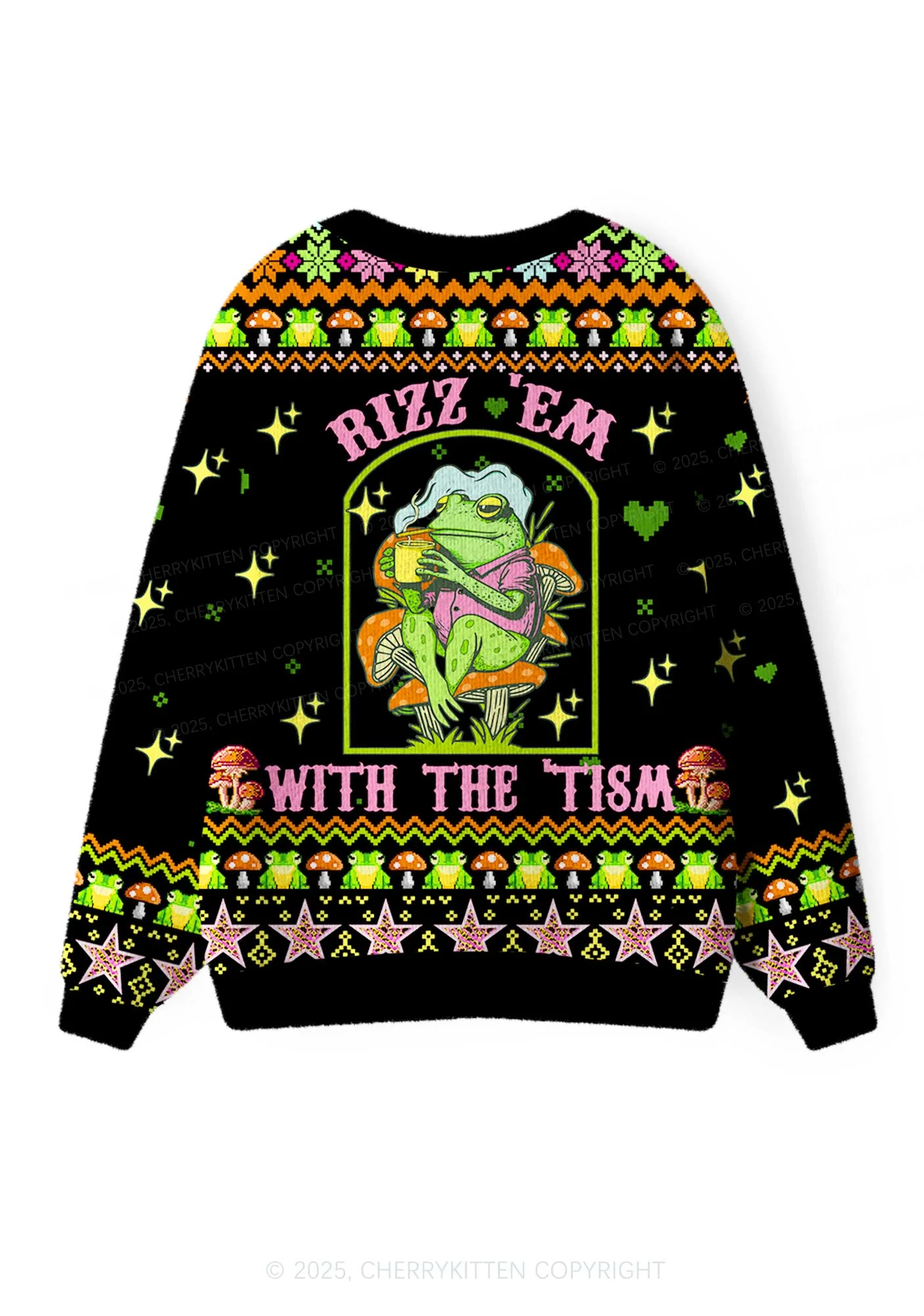 Tism Rizz Frog Y2K Christmas Cardigan Knit Sweatshirt Cherrykitten - Image 3