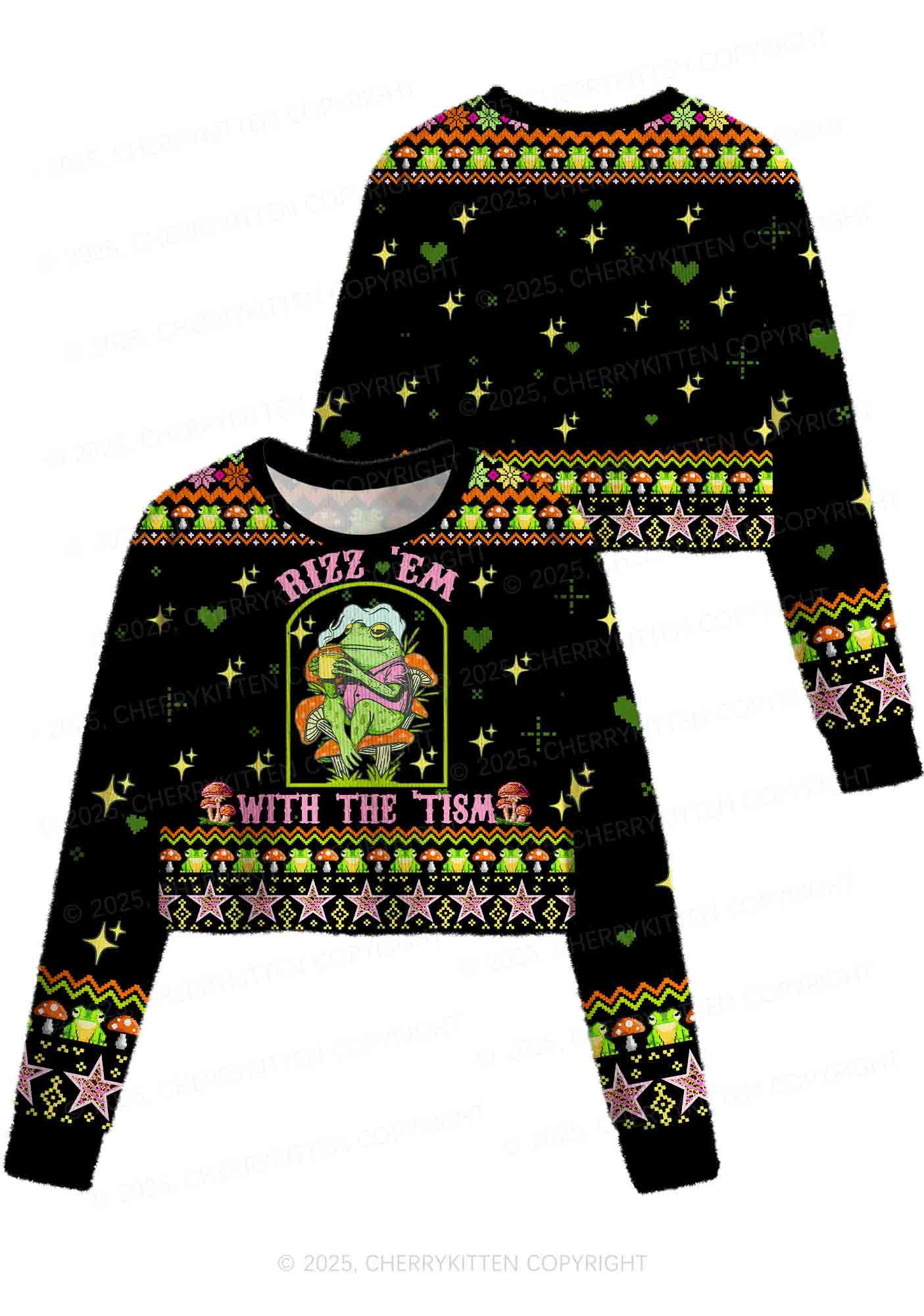 Tism Rizz Frog Y2K Christmas Crop Knit Sweatshirt Cherrykitten - Image 3