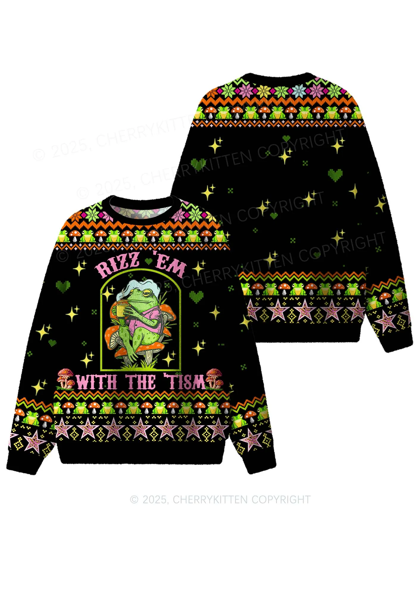 Tism Rizz Frog Y2K Christmas Knit Sweatshirt Cherrykitten - Image 3