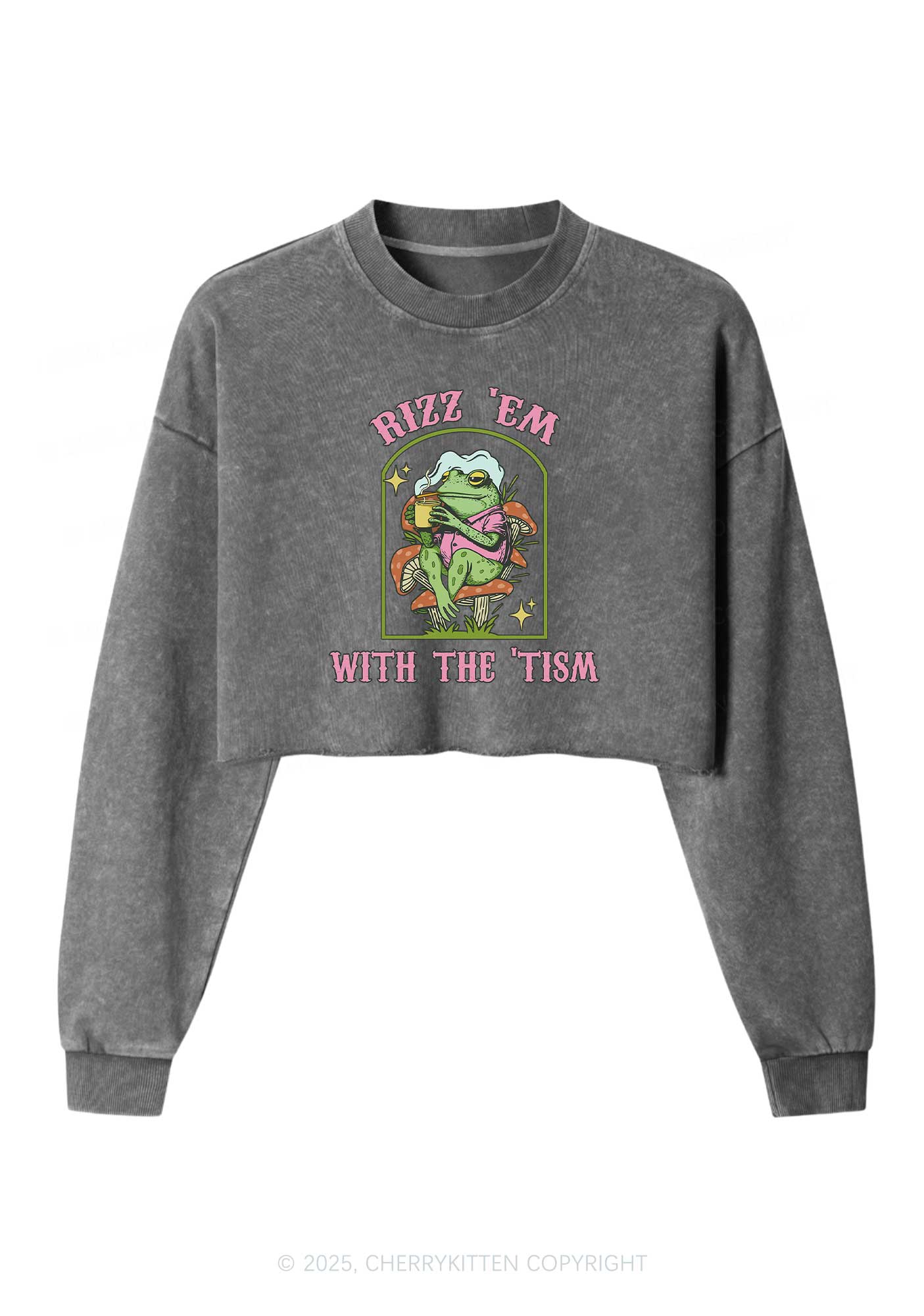 Tism Rizz Frog Y2K Crop Washed Sweatshirts Cherrykitten - Image 4