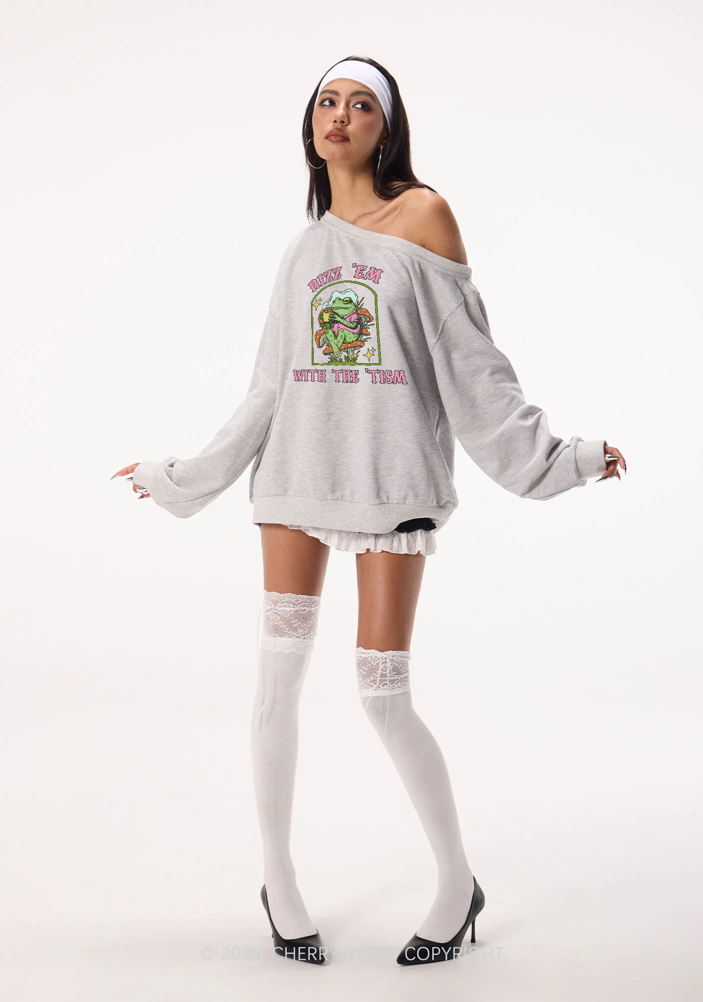 Tism Rizz Frog Y2K Off Shoulder Sweatshirts Cherrykitten - Image 2