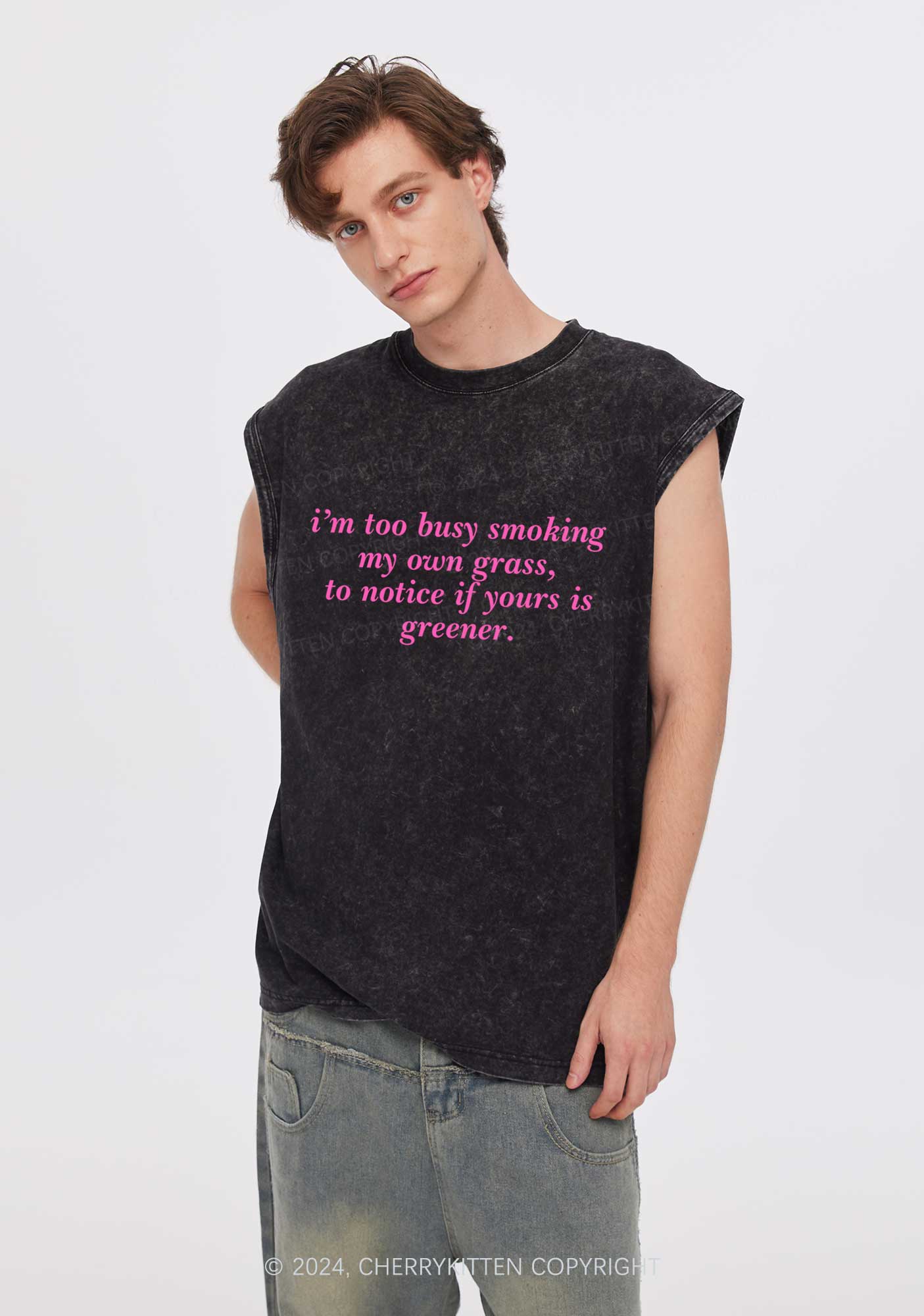 Too Busy Smoking Y2K Washed Tank Cherrykitten - Image 2