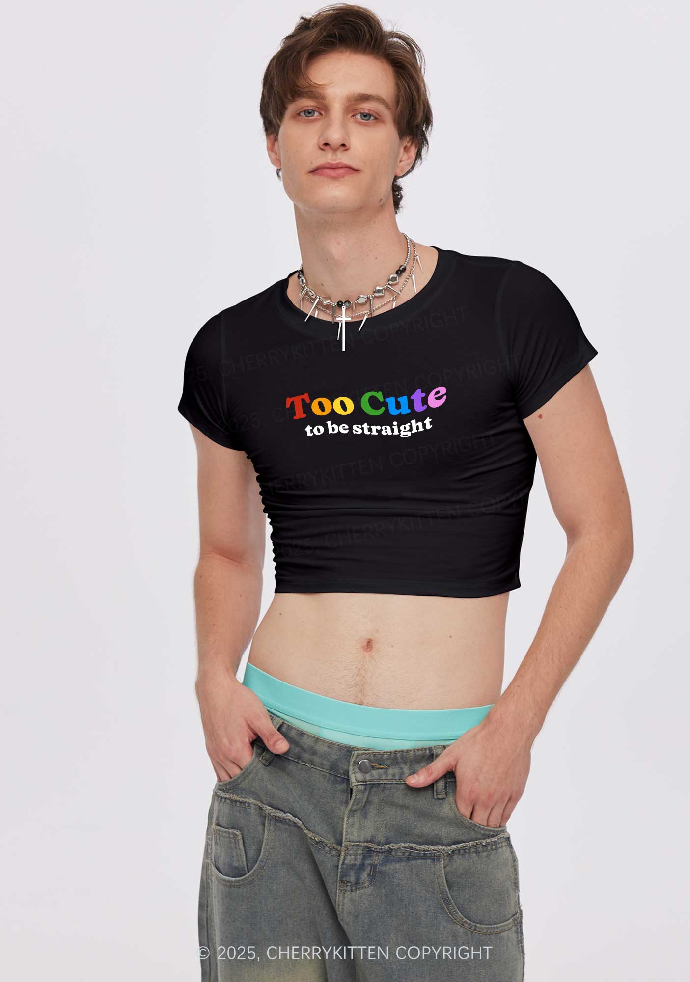 Too Cute To Be Straight Pride Y2K Baby Tee Cherrykitten - Image 2