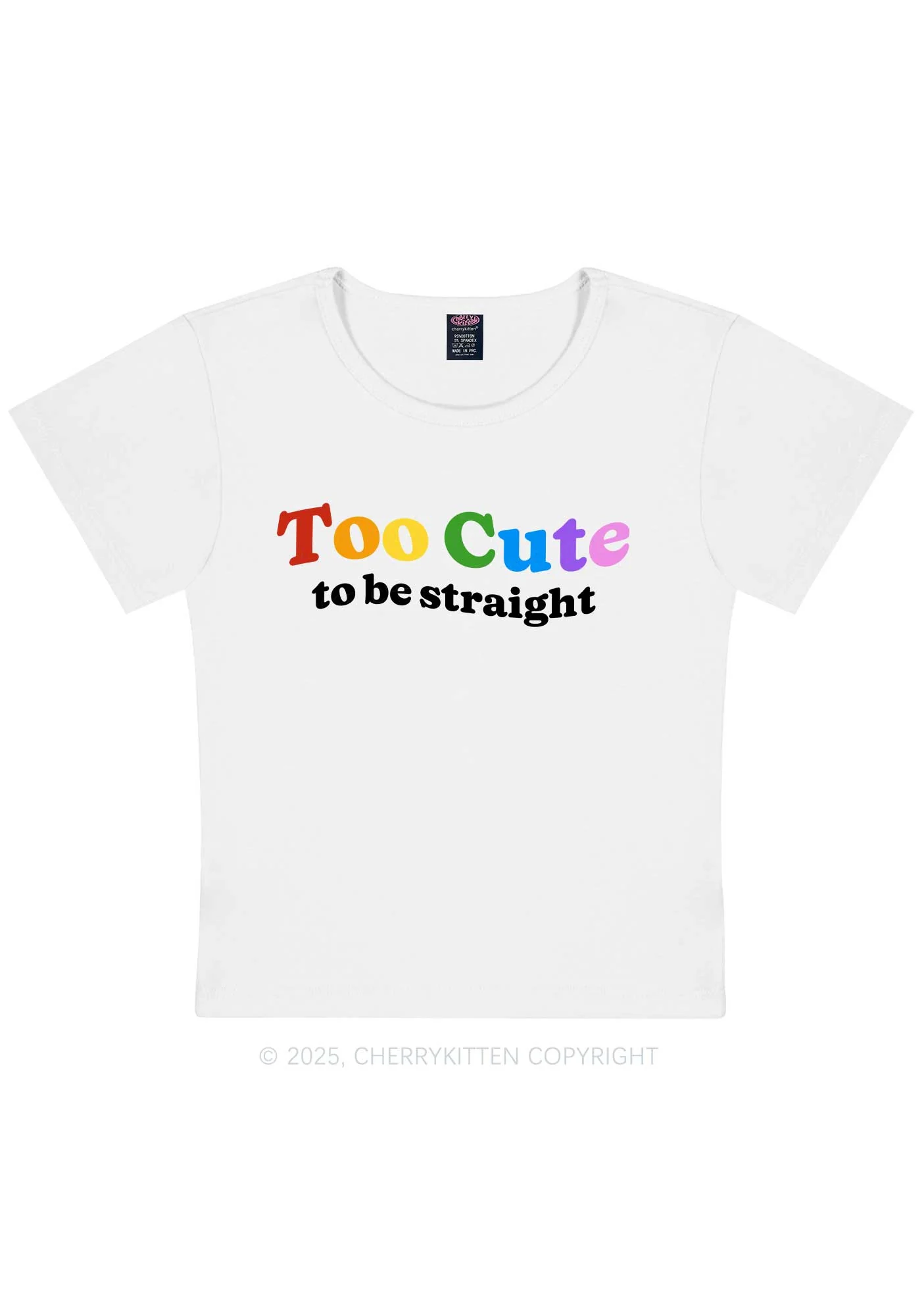 Too Cute To Be Straight Pride Y2K Baby Tee Cherrykitten - Image 3