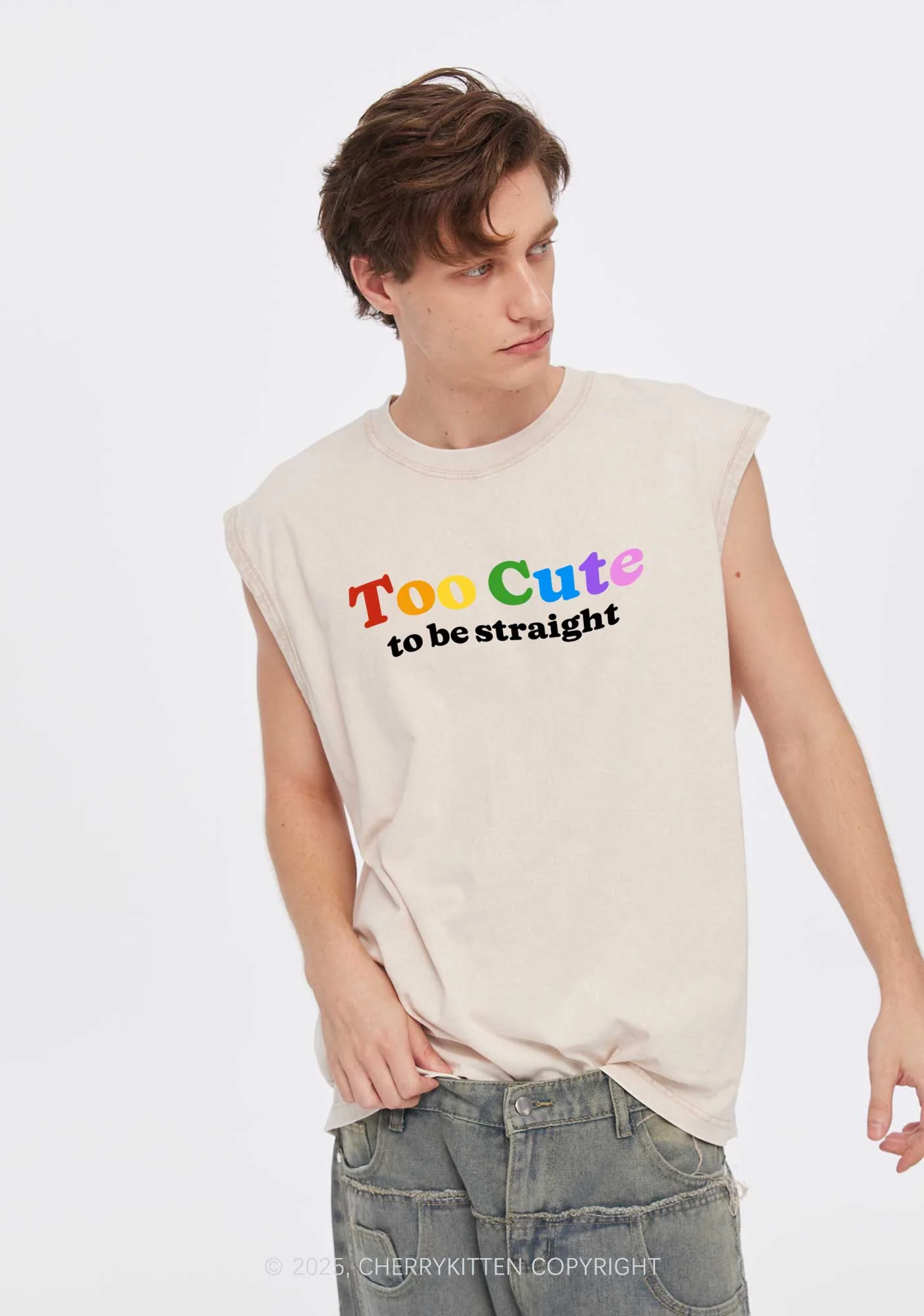 Too Cute To Be Straight Pride Y2K Washed Muscle Tank Cherrykitten - Image 2