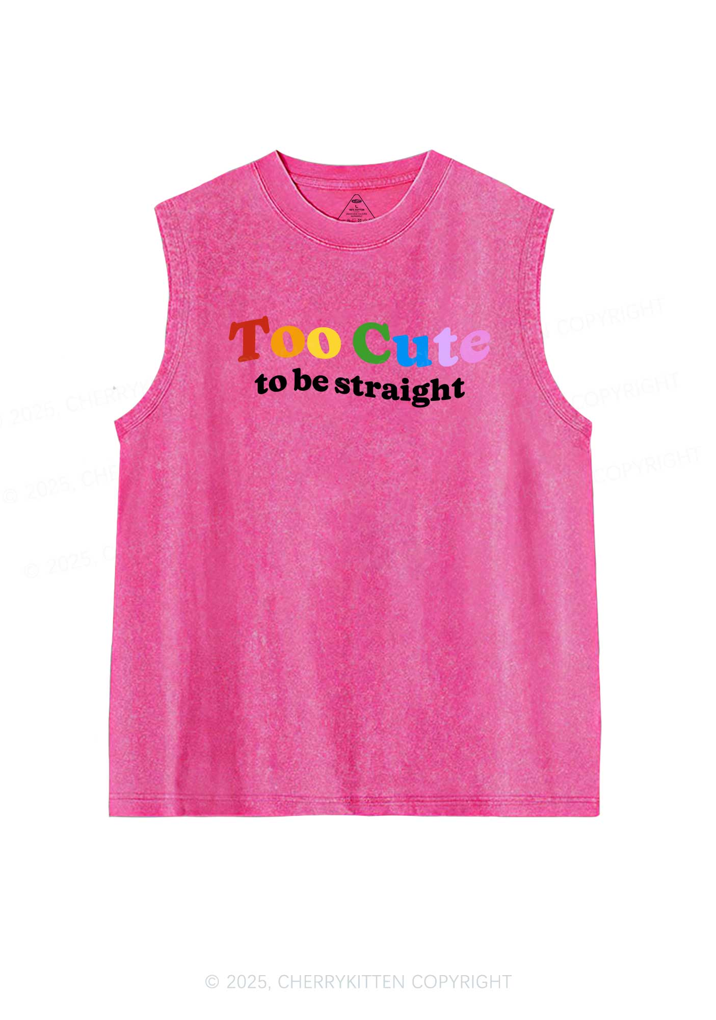 Too Cute To Be Straight Pride Y2K Washed Muscle Tank Cherrykitten - Image 3