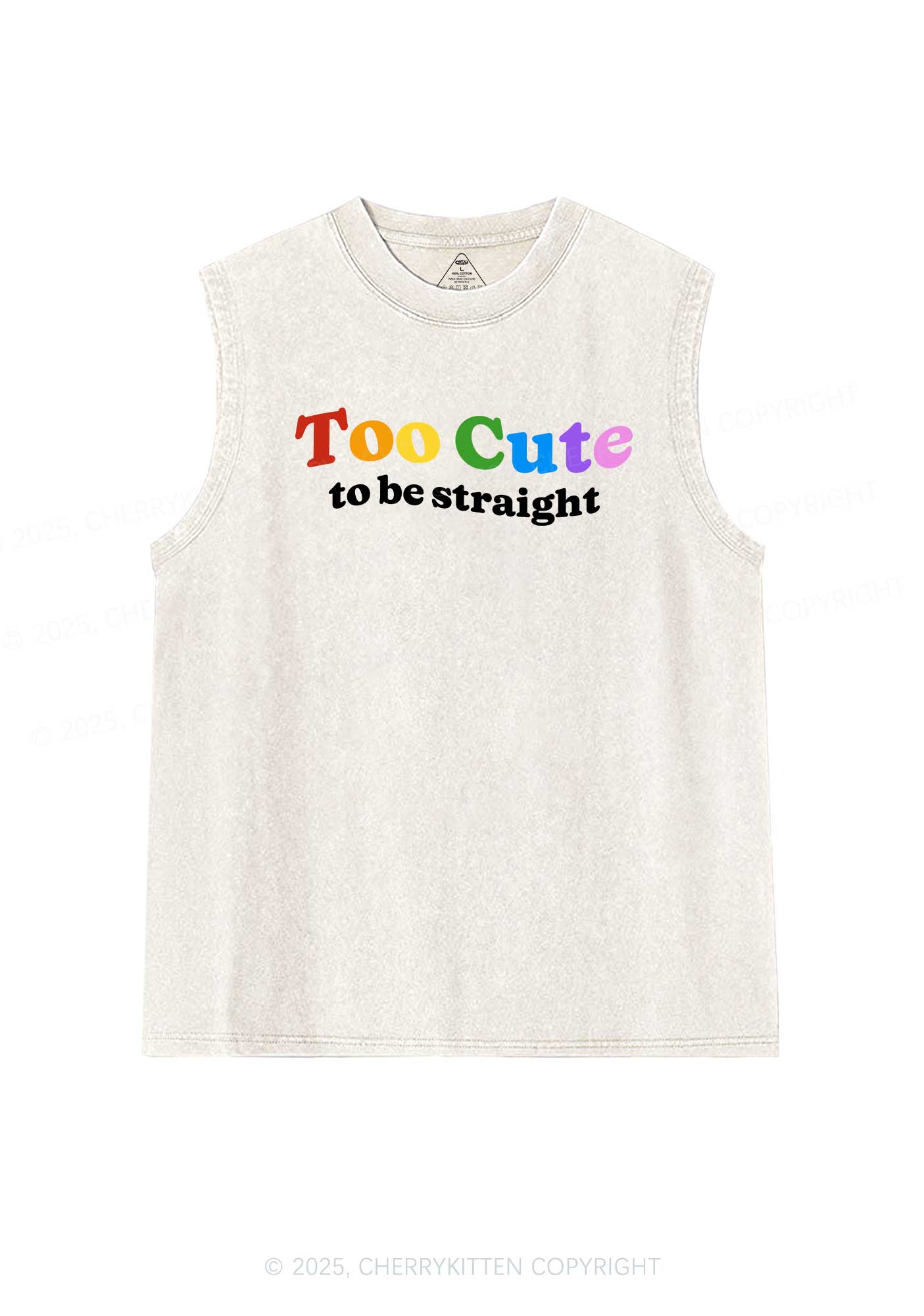 Too Cute To Be Straight Pride Y2K Washed Muscle Tank Cherrykitten - Image 4