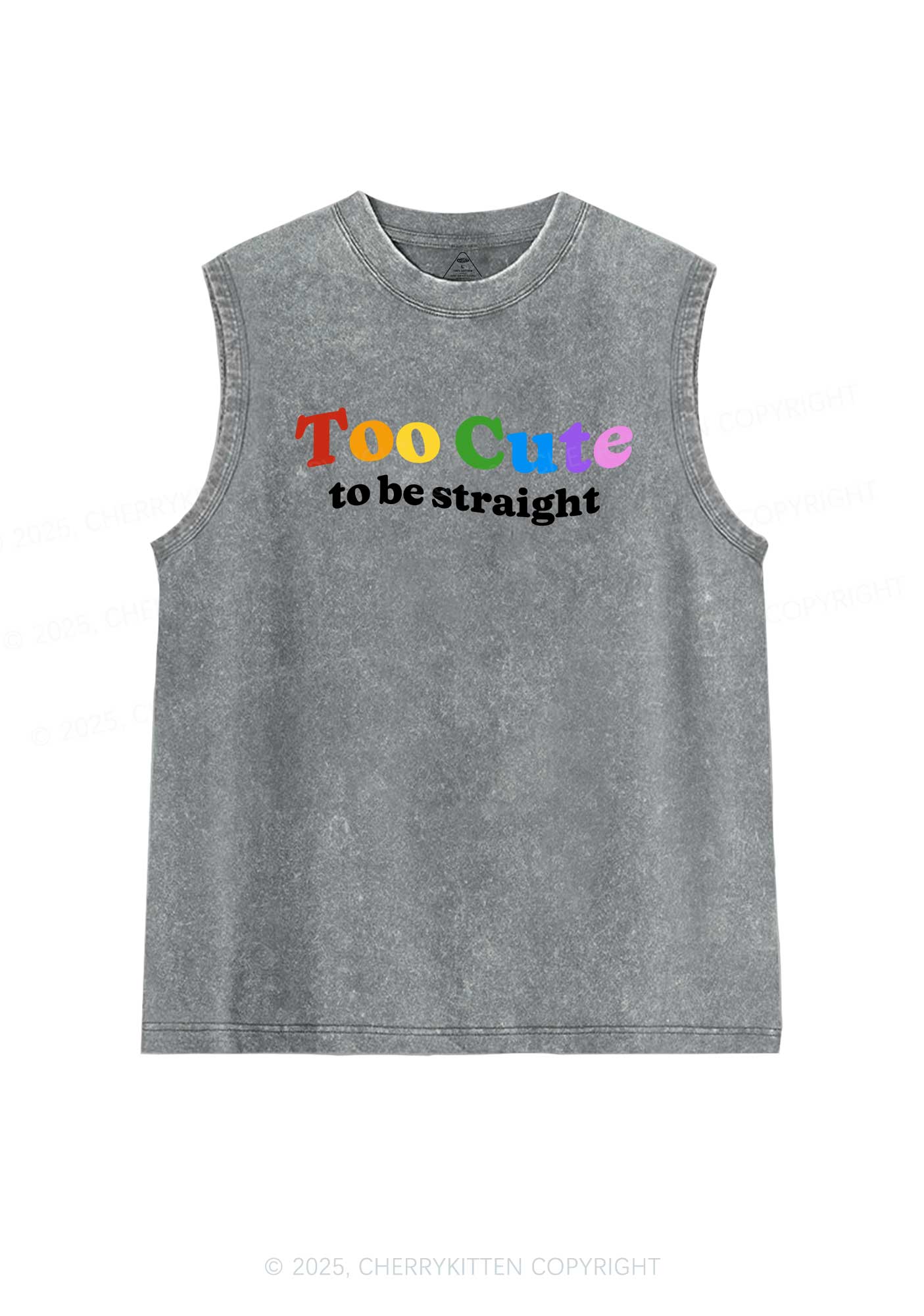 Too Cute To Be Straight Pride Y2K Washed Muscle Tank Cherrykitten - Image 5