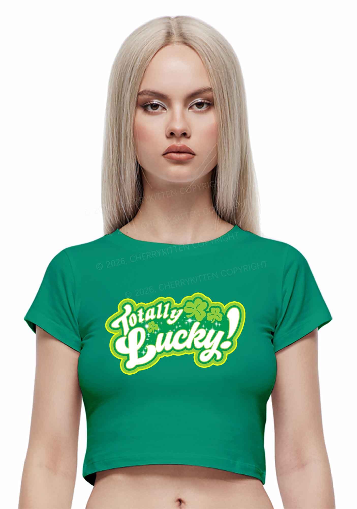 Totally Lucky St Patricks Y2K Baby Tee Cherrykitten - Image 2