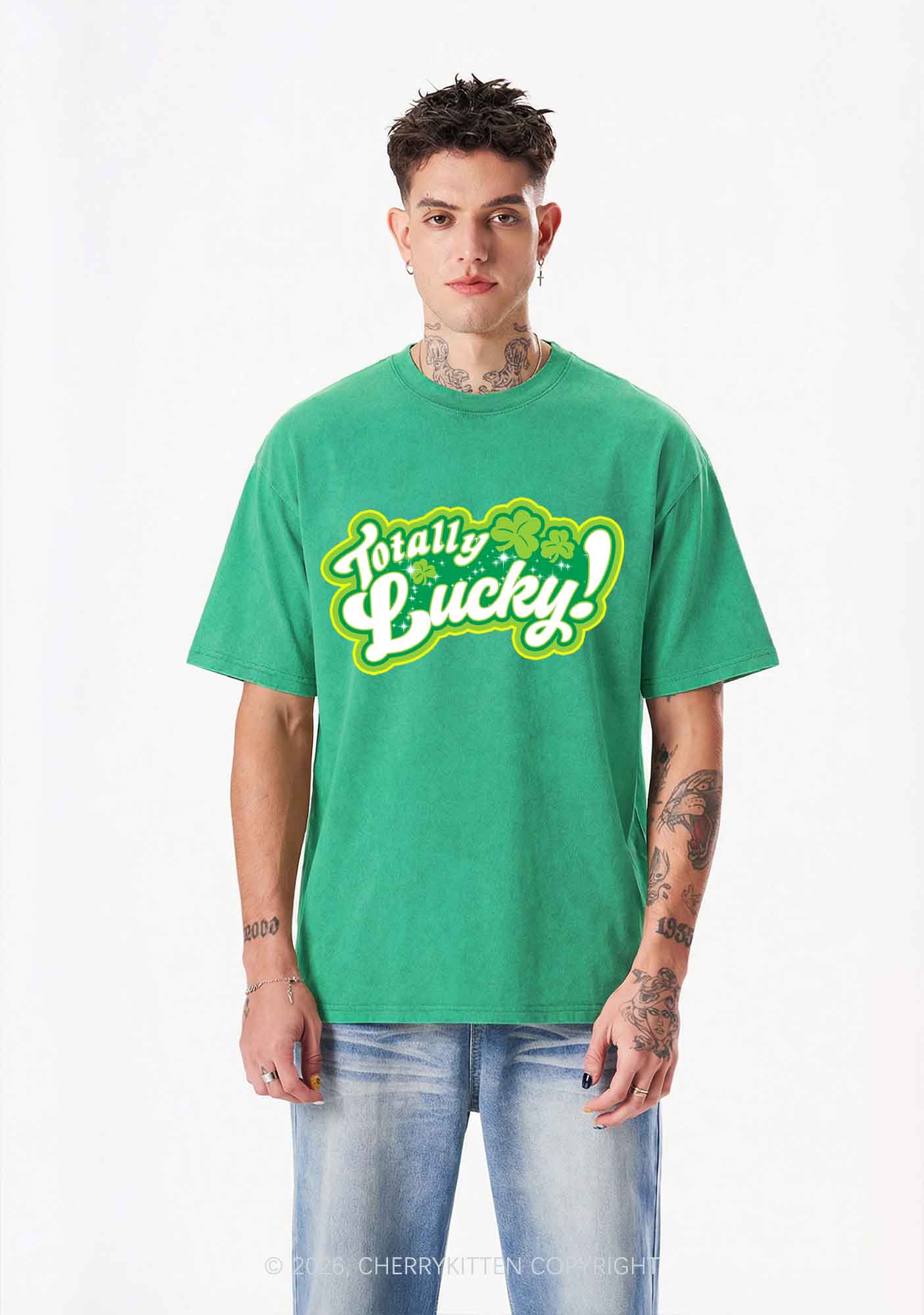 Totally Lucky St Patricks Y2K Shirts Washed Tee Cherrykitten - Image 2