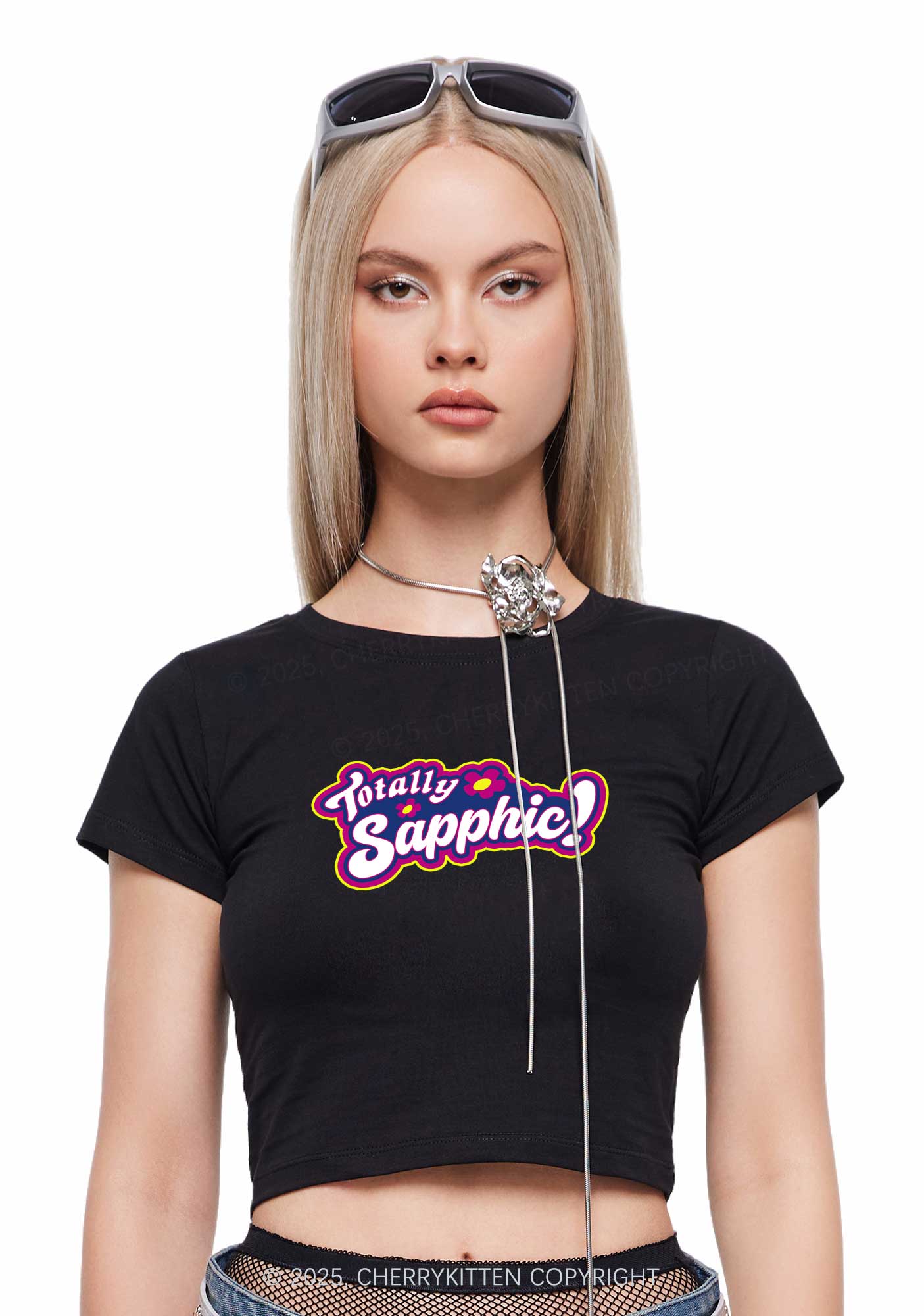 Totally Sapphic Pride Y2K Baby Tee Cherrykitten - Image 3