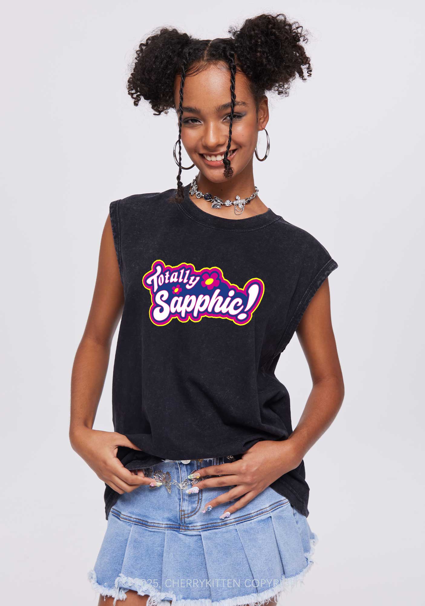 Totally Sapphic Pride Y2K Washed Muscle Tank Cherrykitten - Image 2
